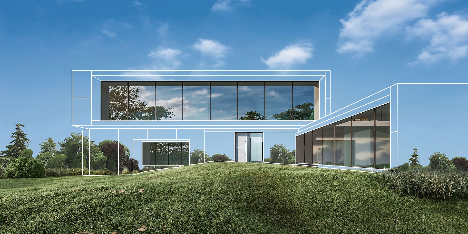 3D rendering illustration of modern house with natural landscape