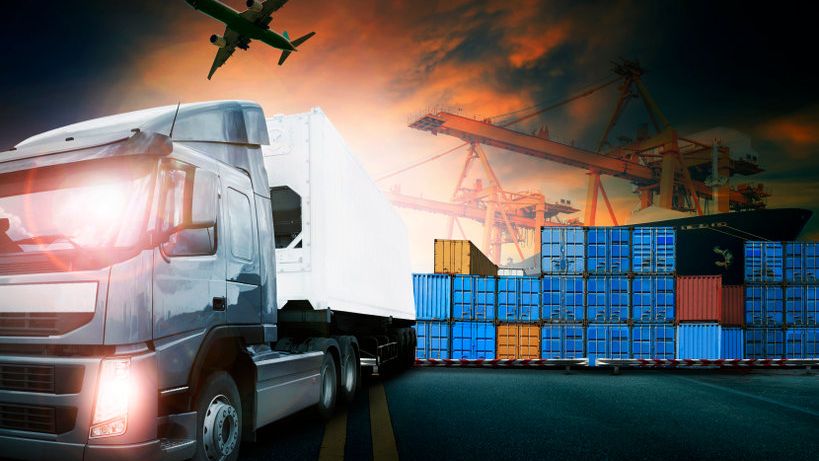 container truck ,ship in port and freight cargo plane in transport and import-export commercial logistic ,shipping business industry 