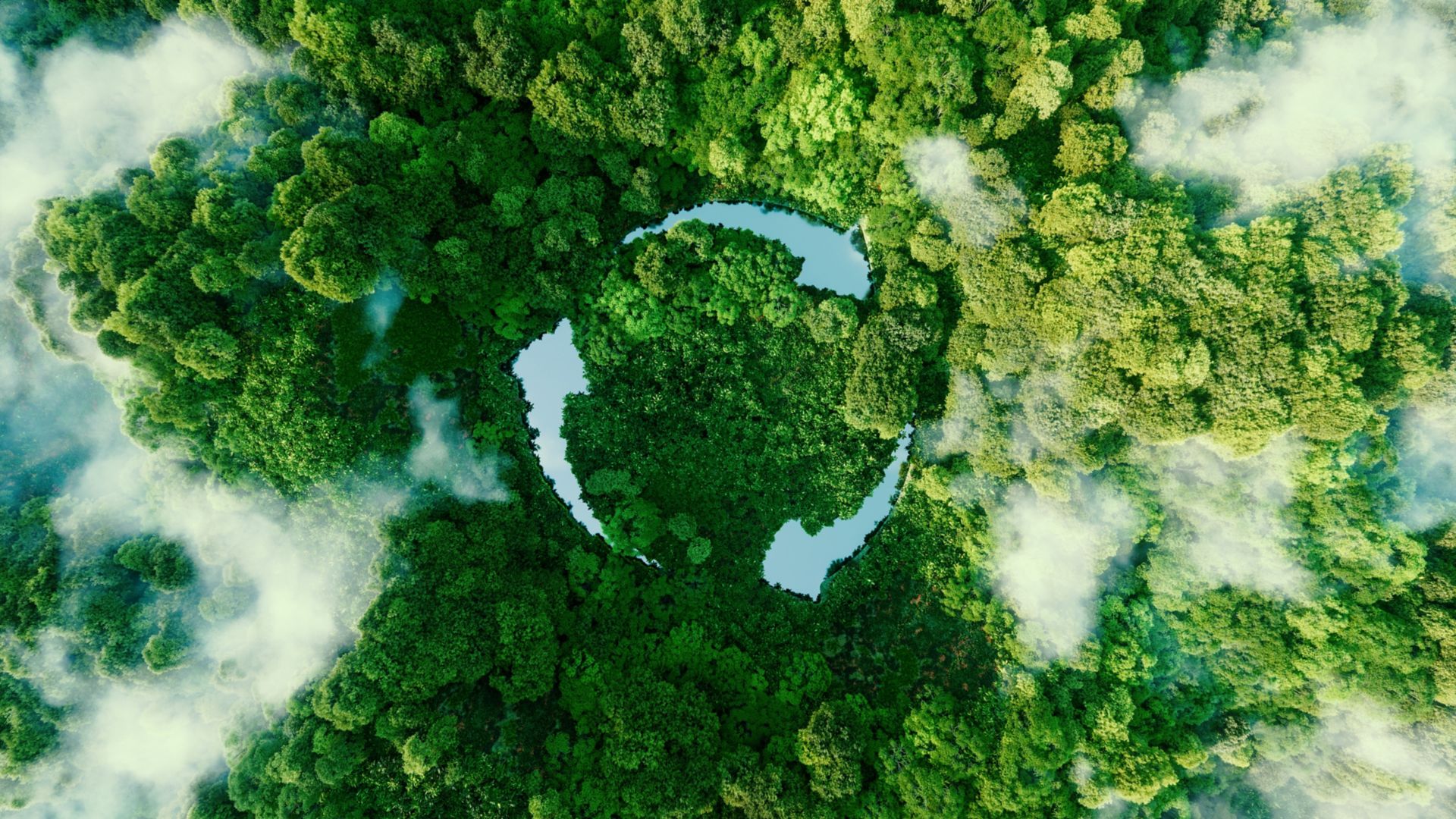 Abstract icon representing the ecological call to recycle and reuse in the form of a pond with a recycling symbol in the middle of a beautiful untouched jungle. 3d rendering.