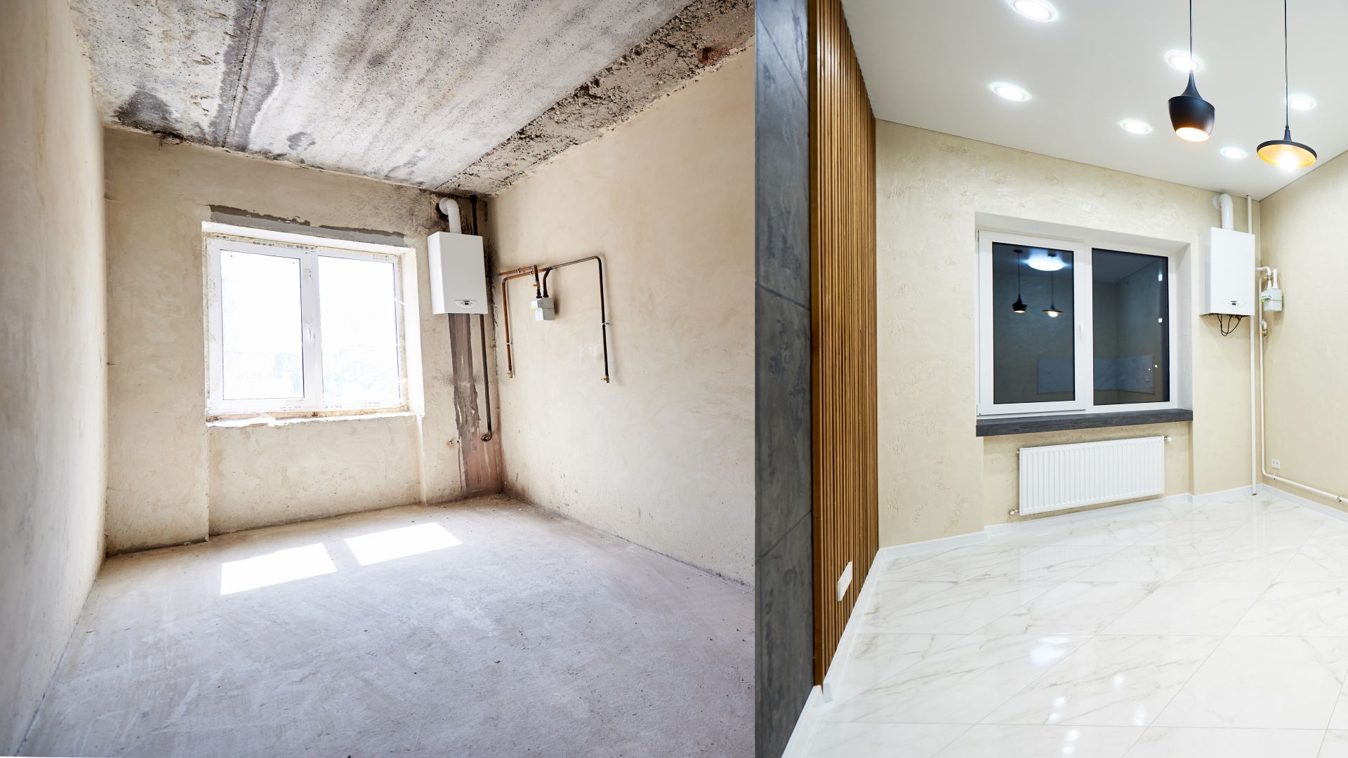 Comparison snapshot of a big beautiful room in a private house before and after reconstruction, empty grey walls vs renovated light tiled room