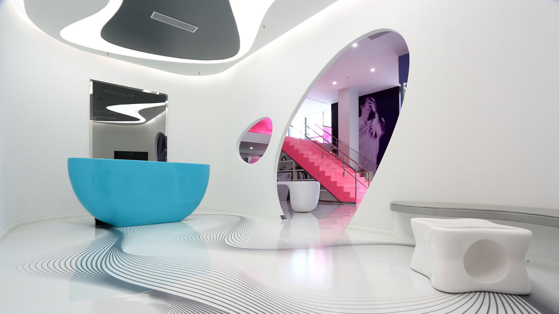 Decorative white floor made with Sika ComfortFloor system at Karim Rashid Design Institute in Shenzhen, China