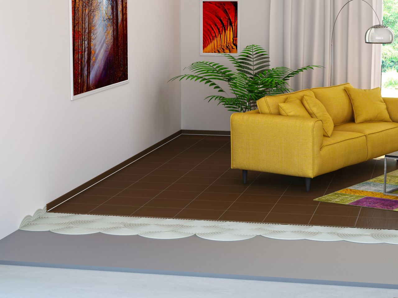 Illustration of tile setting adhesives in living room with yellow sofa