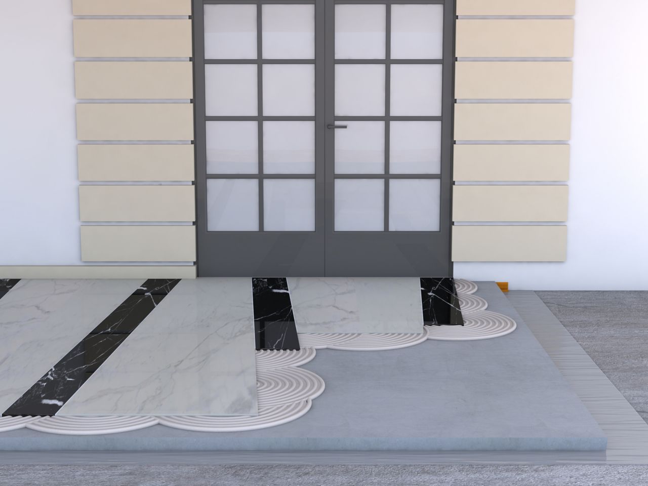 Illustration of tile setting adhesives at entry door terrace with marble stone tiles in black and white