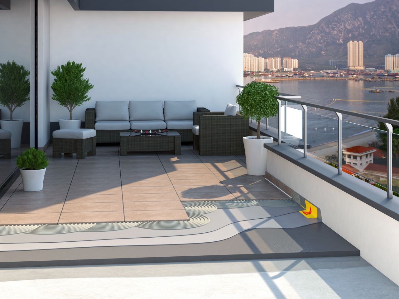 Illustration of tile setting adhesives and waterproofing tape on balcony with furniture overlooking harbor bay city view