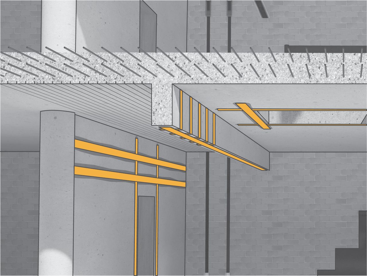 Illustration of concrete and brick building interior wall and beams reinforced with structural strengthening carbon fiber plates