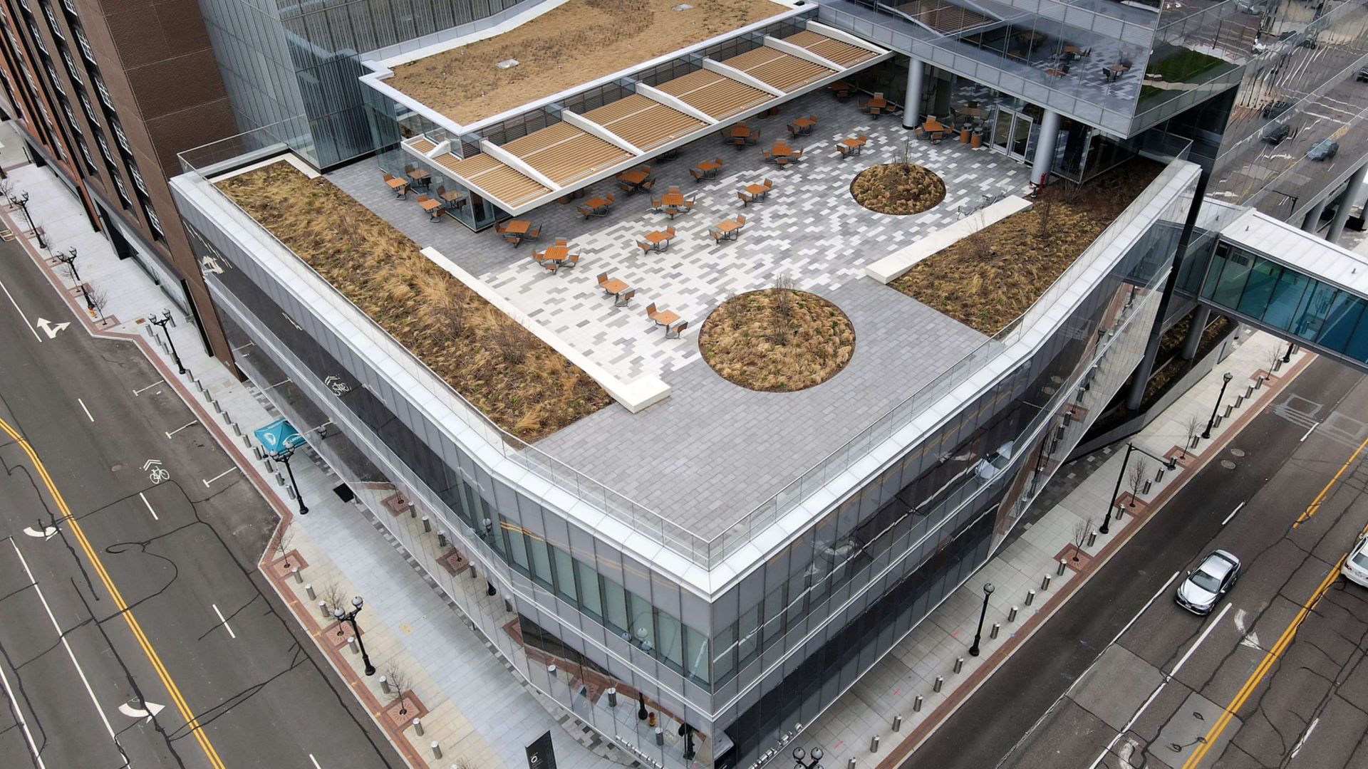 Aerial view of the lower Centene Plaza building with a green roof and sitting area for people to enjoy