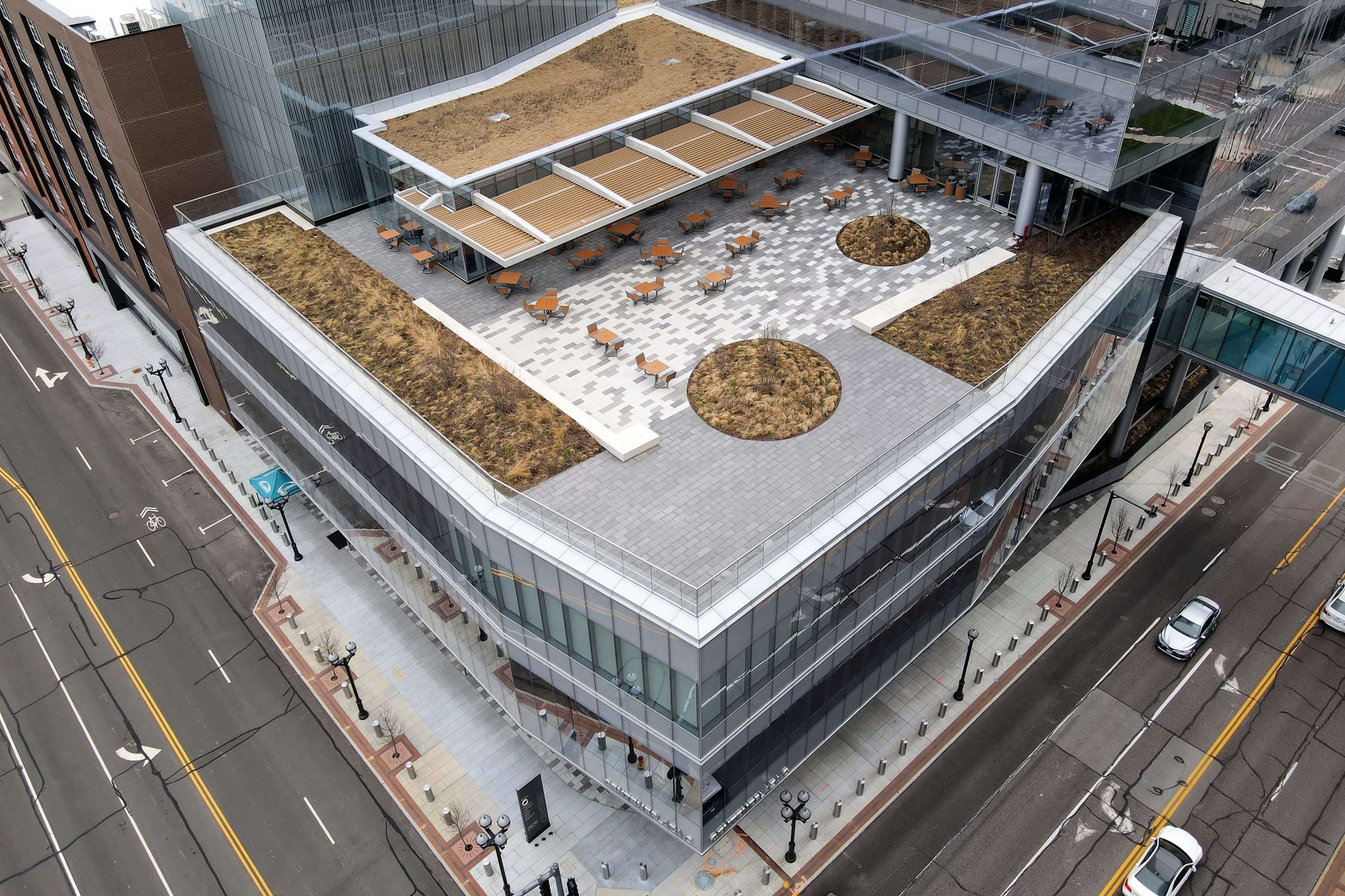 Aerial view of the lower Centene Plaza building with a green roof and sitting area for people to enjoy