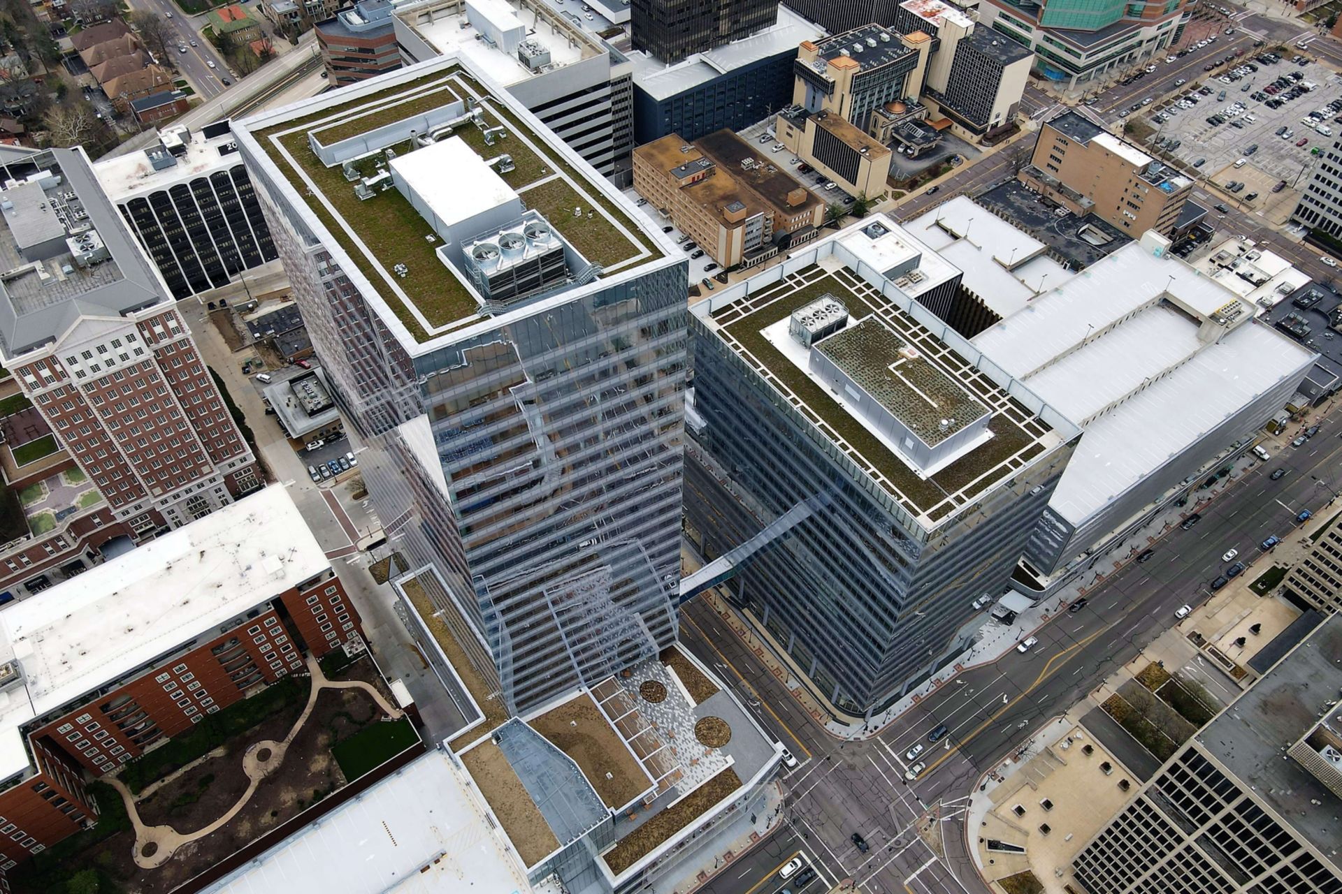 Centene Plaza building shown with a green roof on a skyscraper building. 