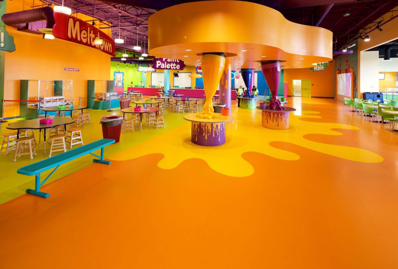 The interior of the Crayola facility showing a colorful custom-designed floor