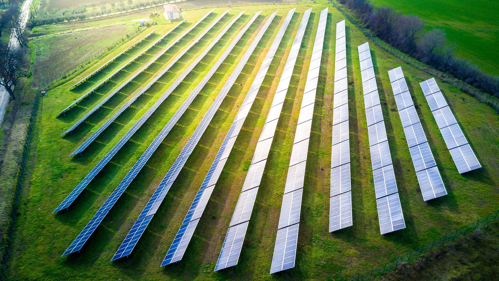 aerial view of solar panels on a sunny day. power farm producing clean energy