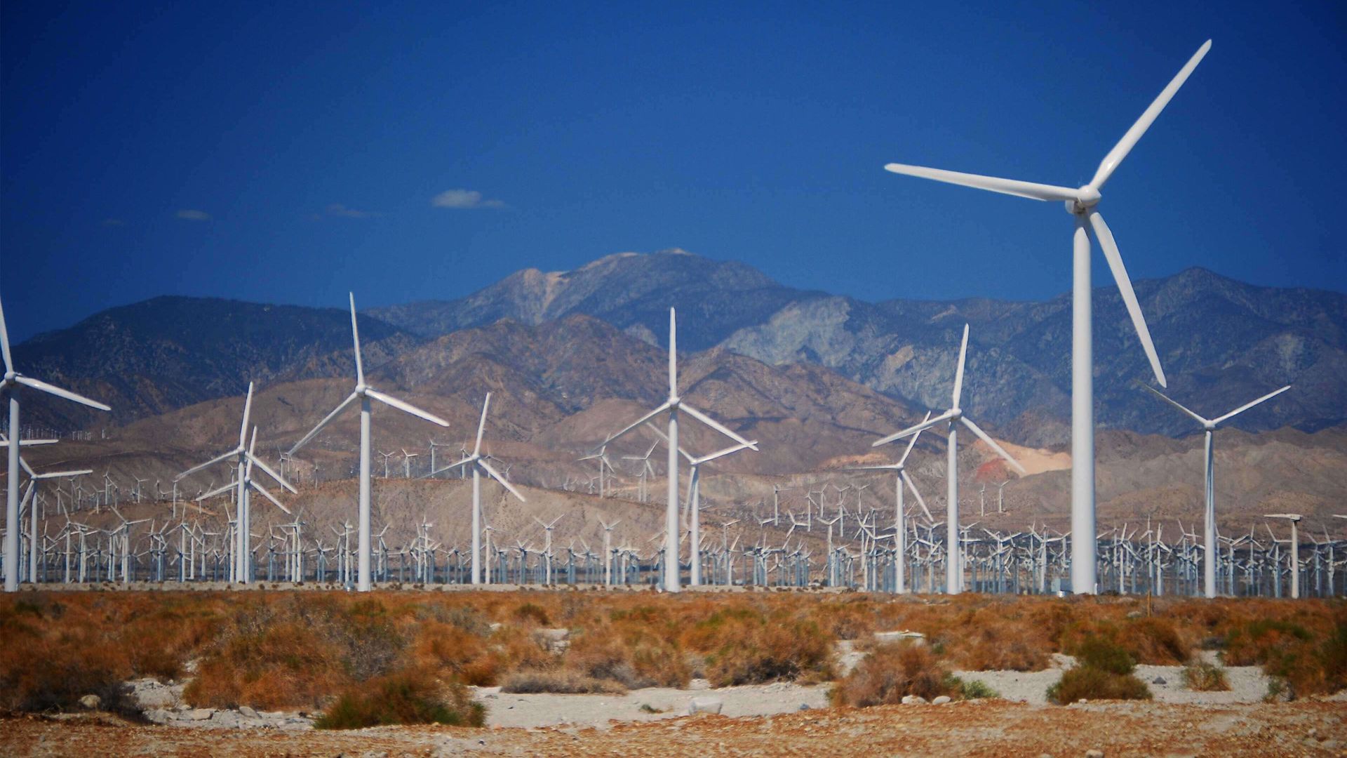 Massive wind turbine farm in California. Mountainous landscape.