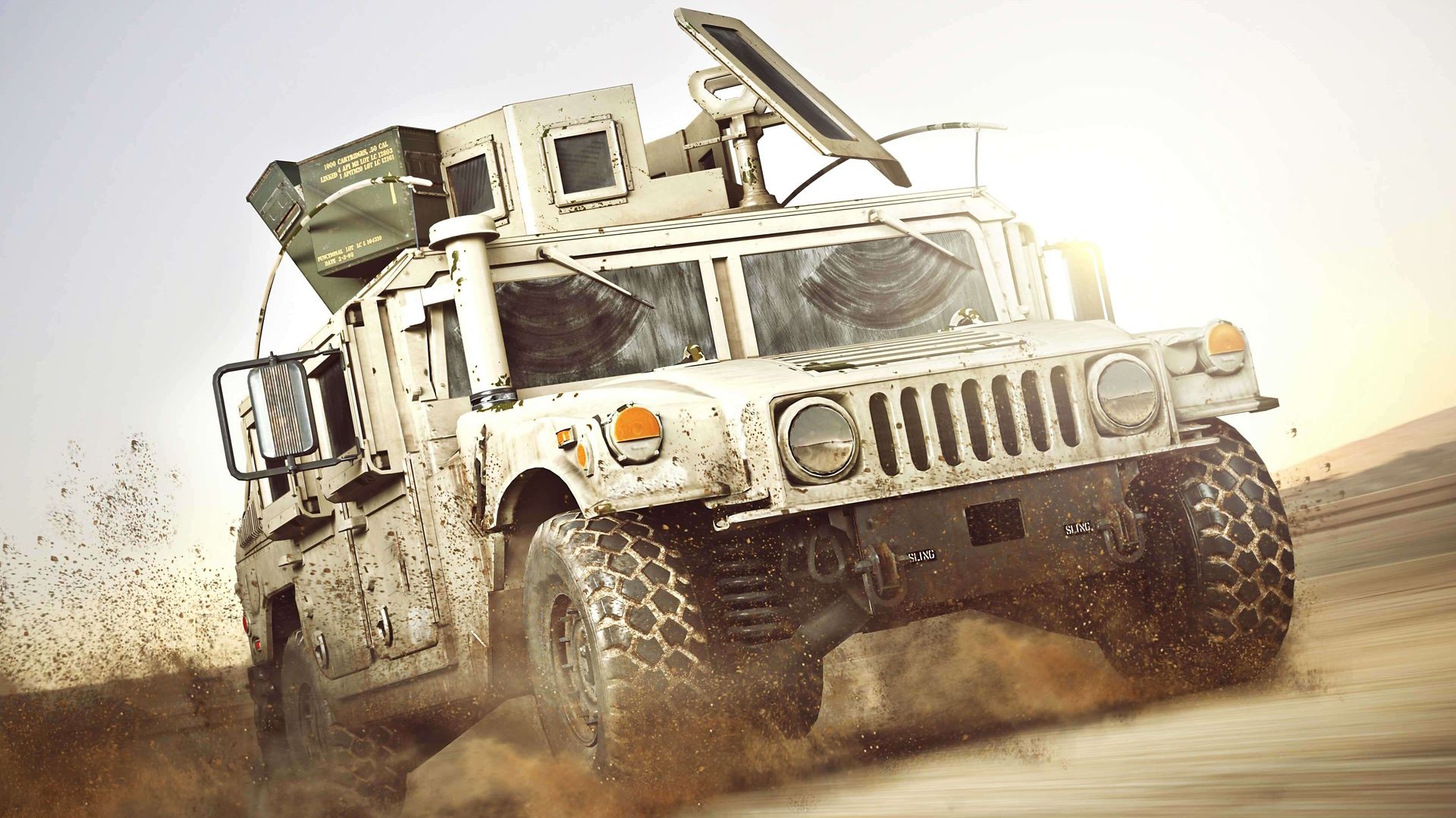 specialty vehicle, military vehicle on road driving through dirt
