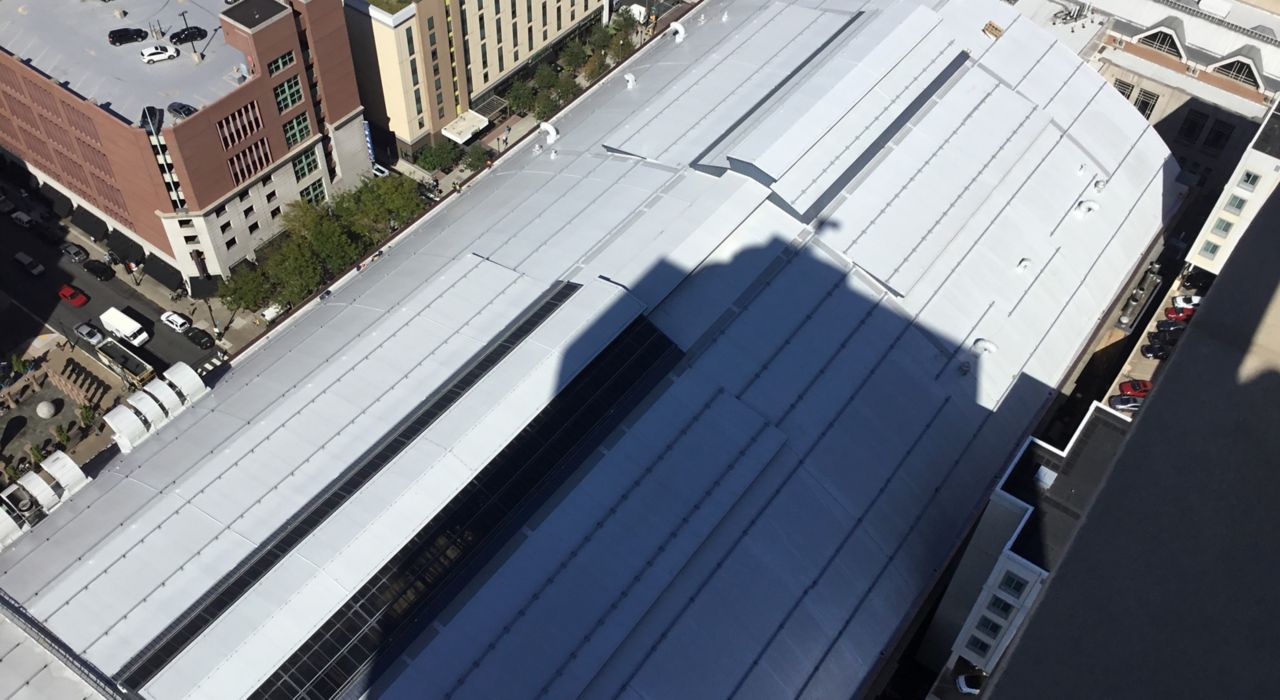 Ariel view of the Pennsylvania convention center building showing a white membrane roof