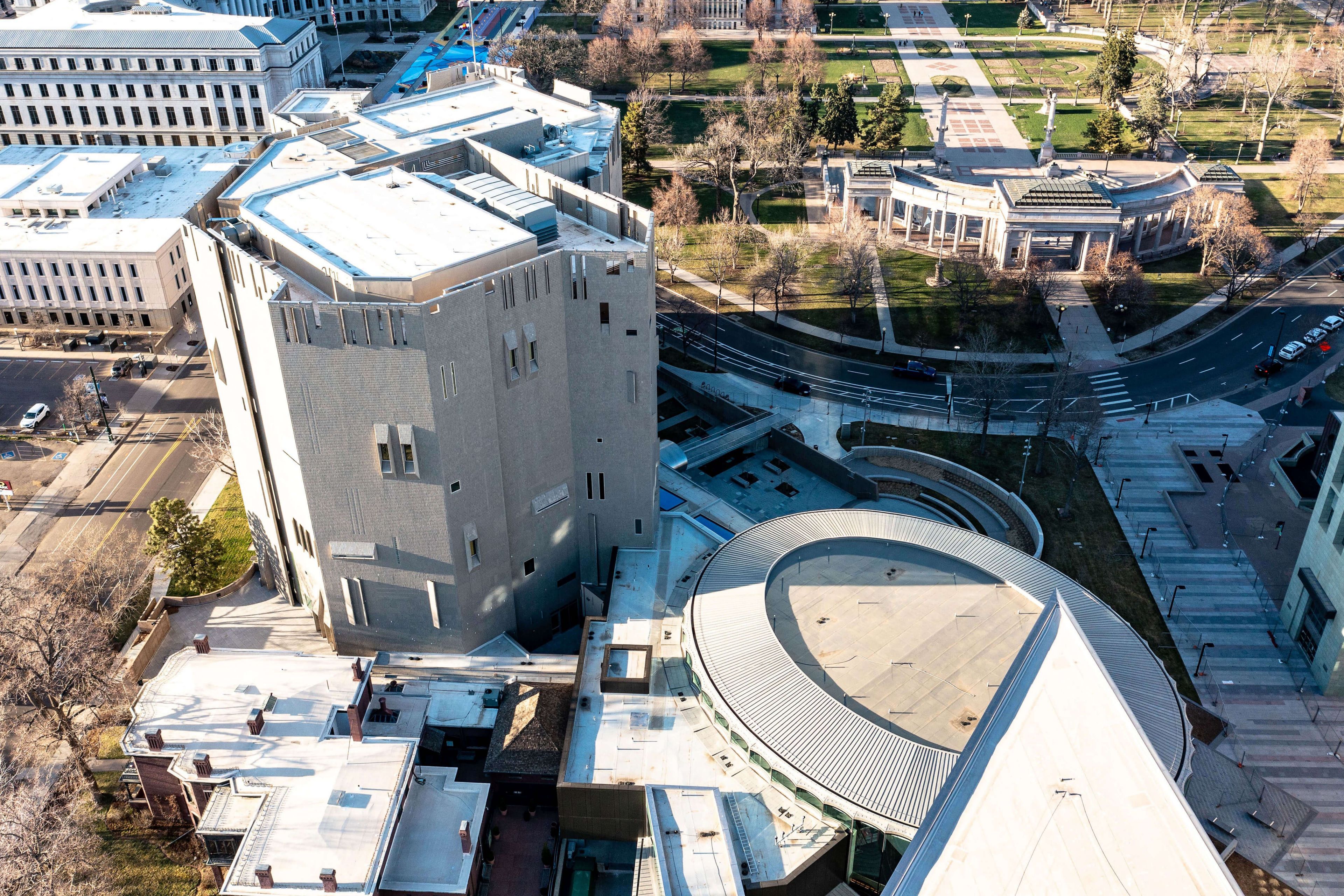 Aerial view of the Denver Art Museum showing a white Sarnafil membrane roof on multiple buildings. 