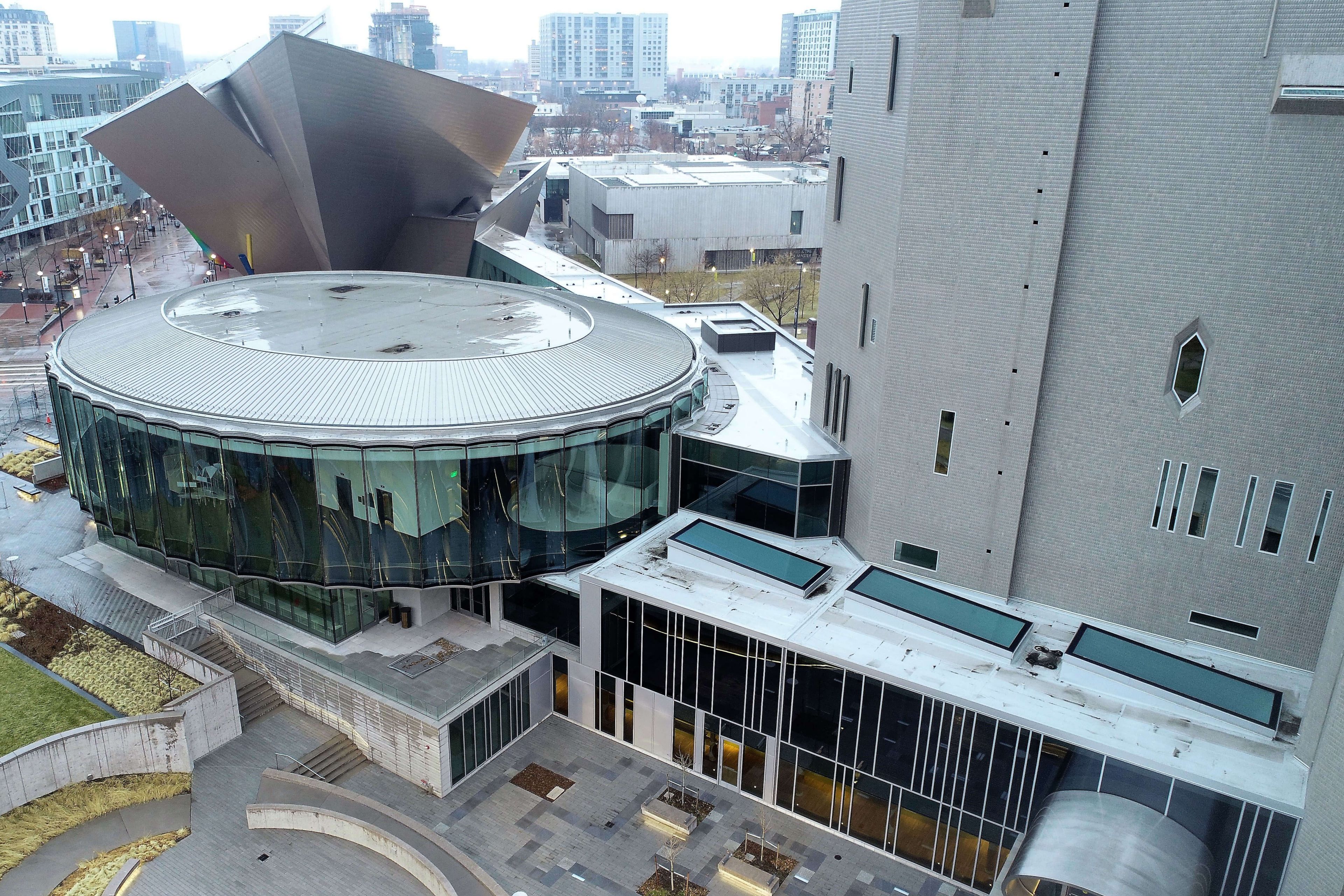 Aerial view of the Denver Art Museum showing the front of building with a Sarnafil white roof membrane on the top.