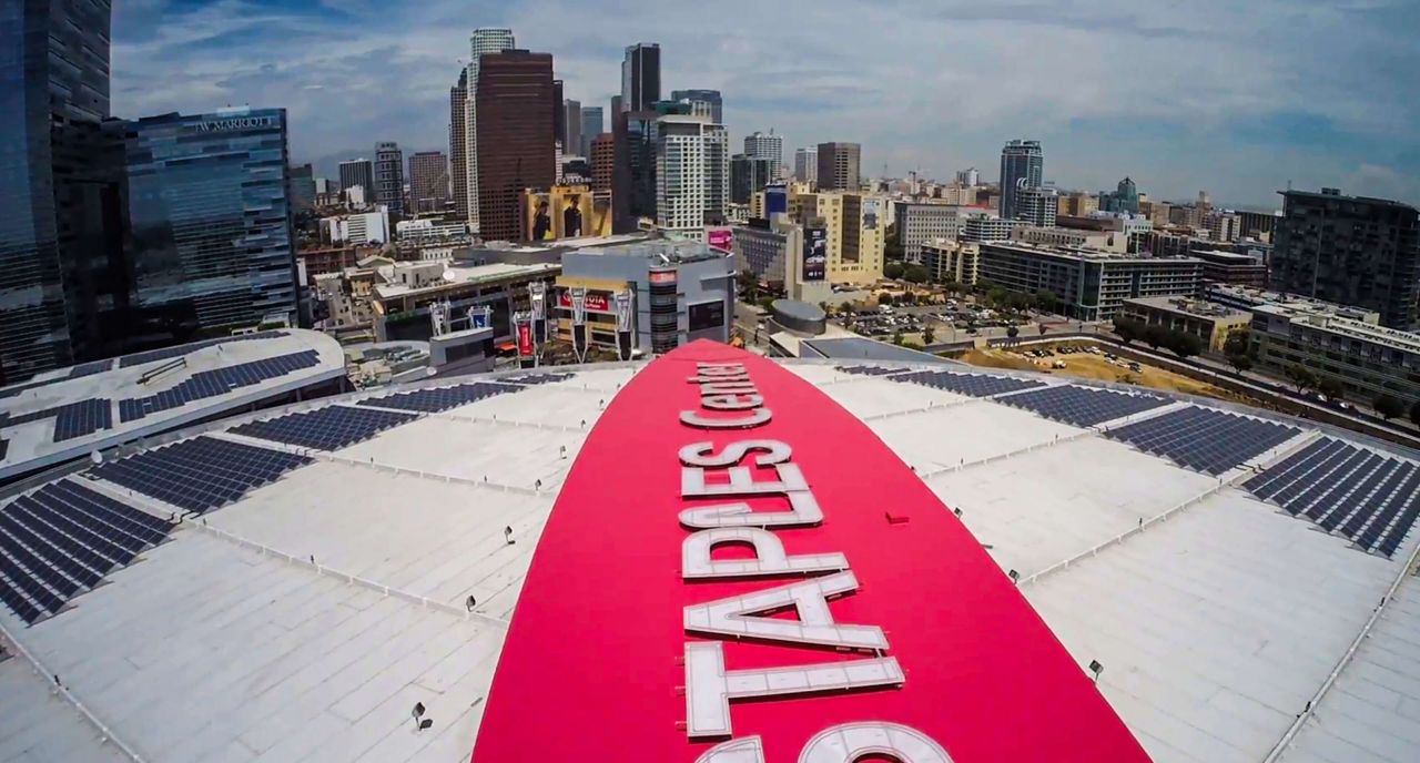 Staples Arena with a Sarnafil Roof and logo