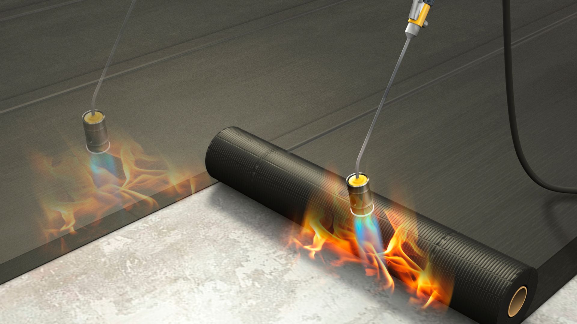 Bitumen membrane application with torch equipment.