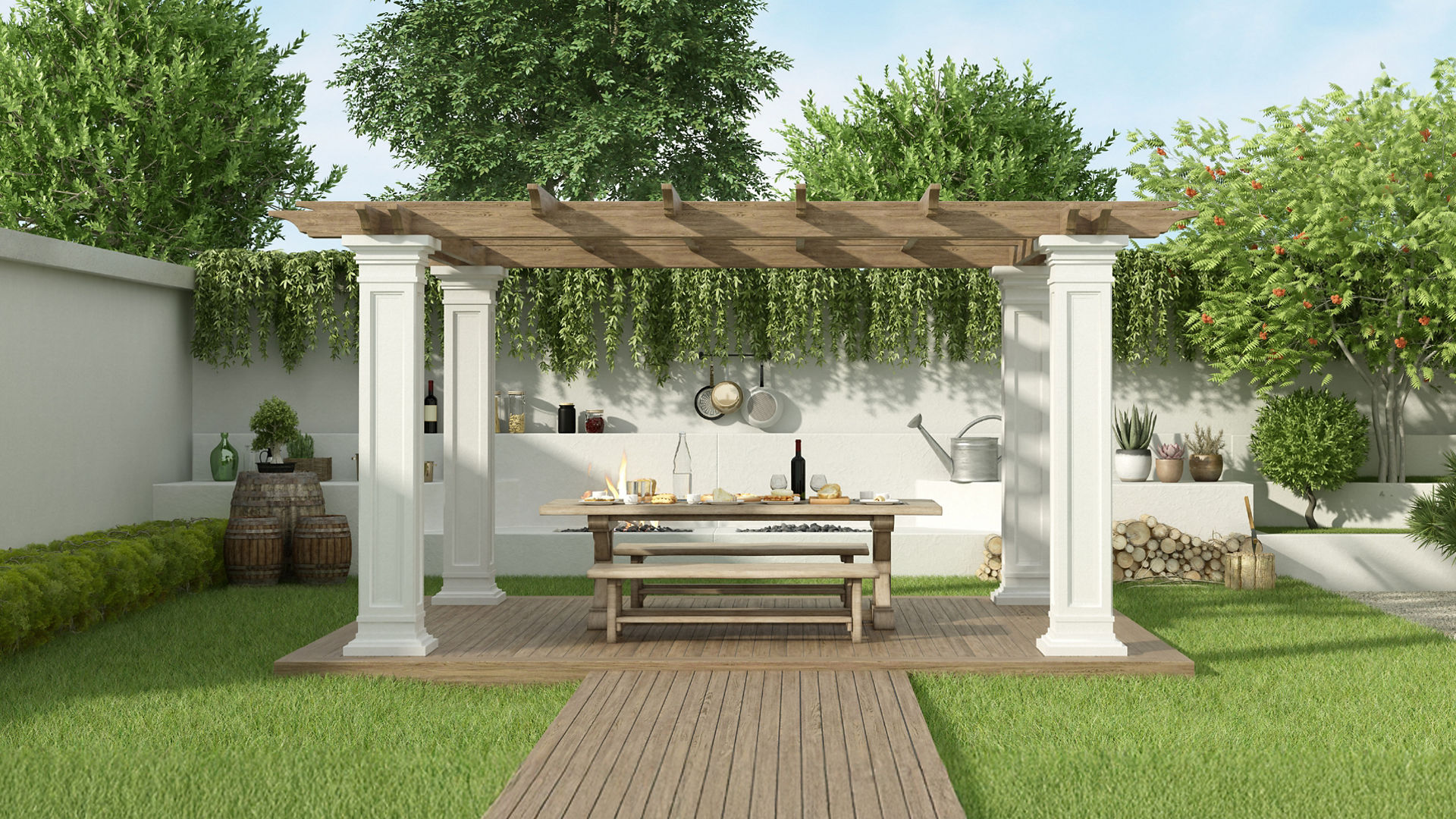 Outdoor pergola with dining table setup