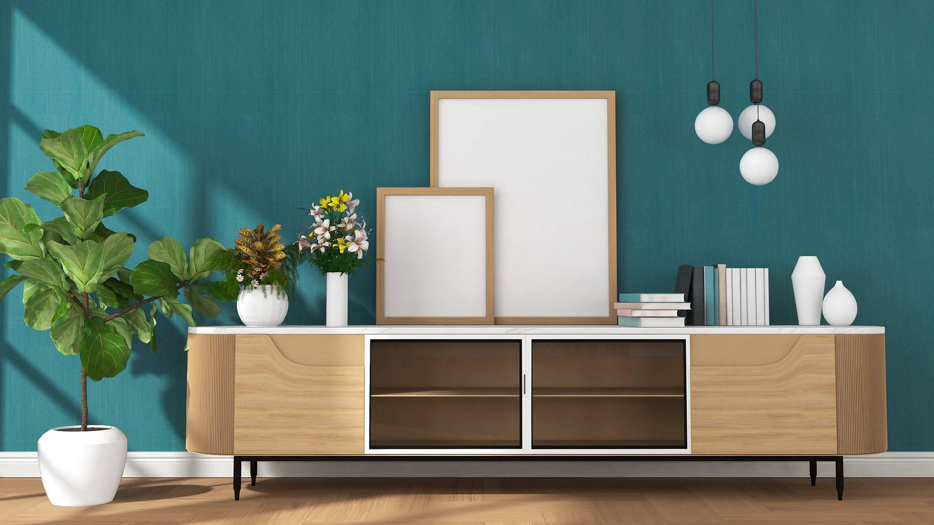 Modern living room with wooden console