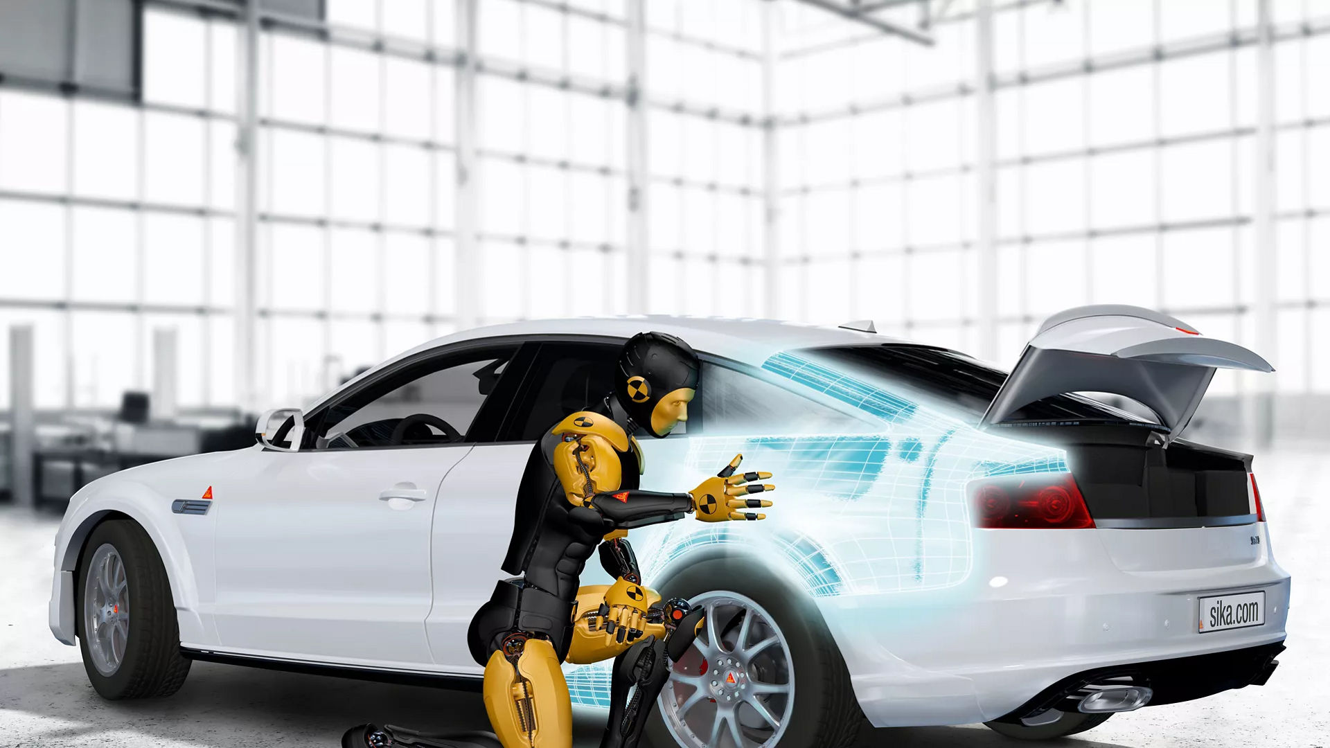 Crash test dummy inspecting futuristic car
