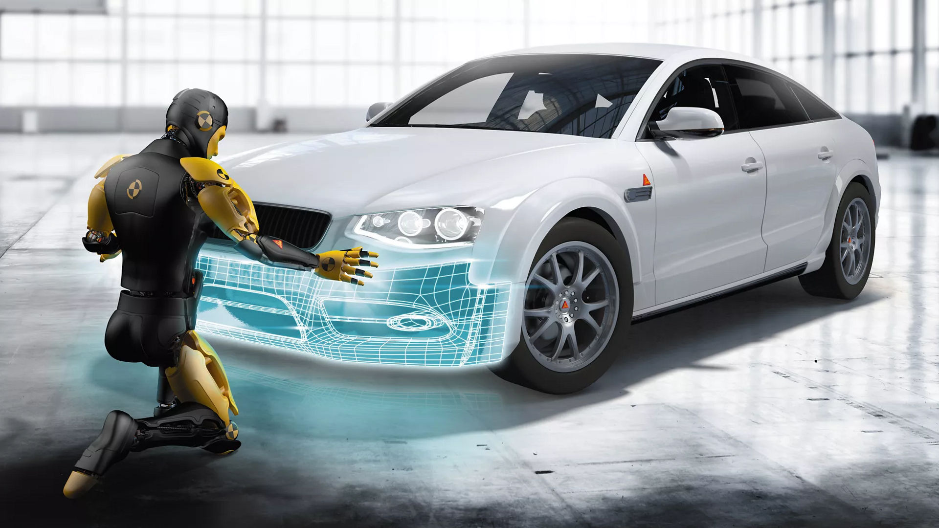 Robot analyzing futuristic car design