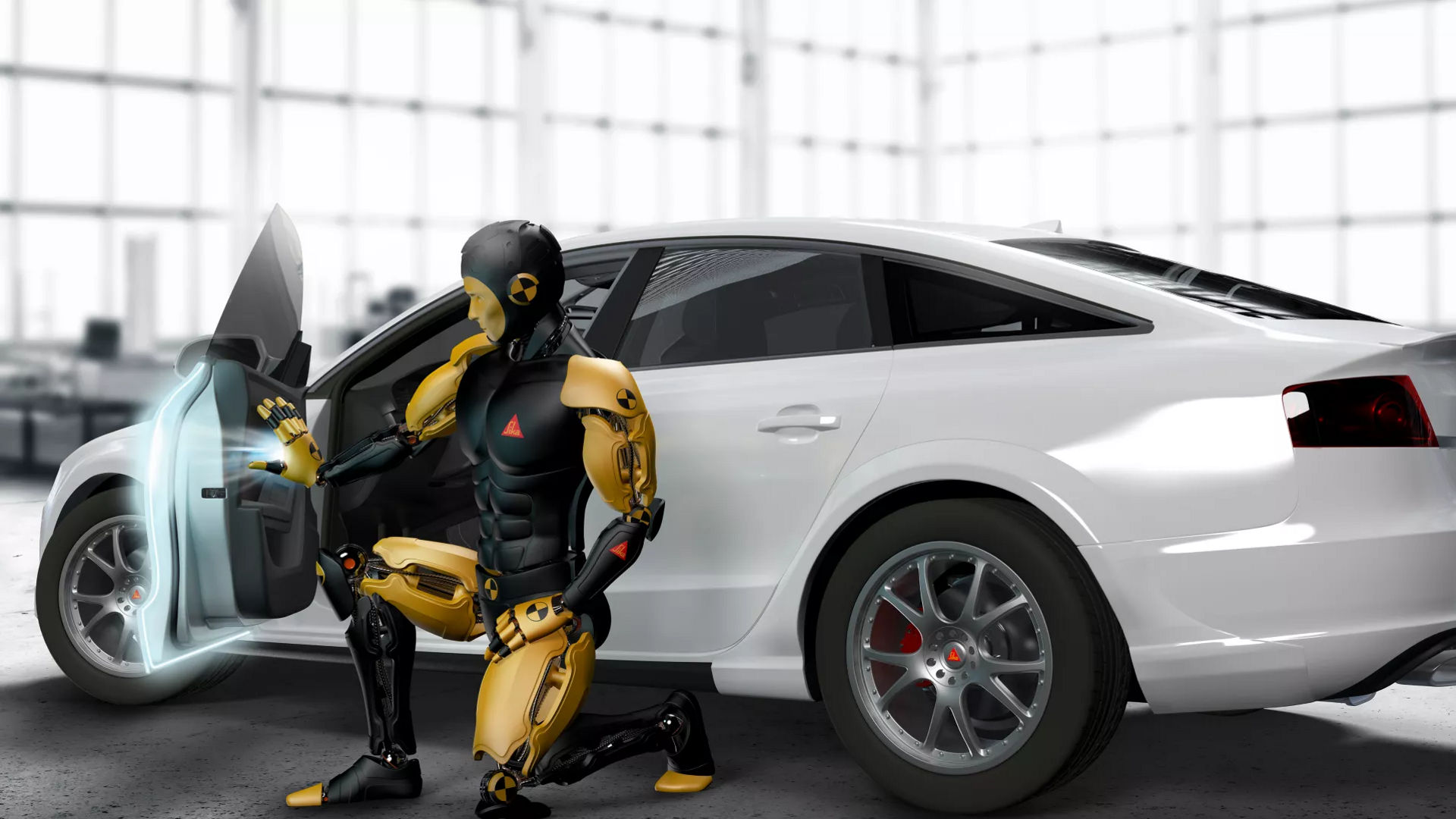 Crash test robot with futuristic car