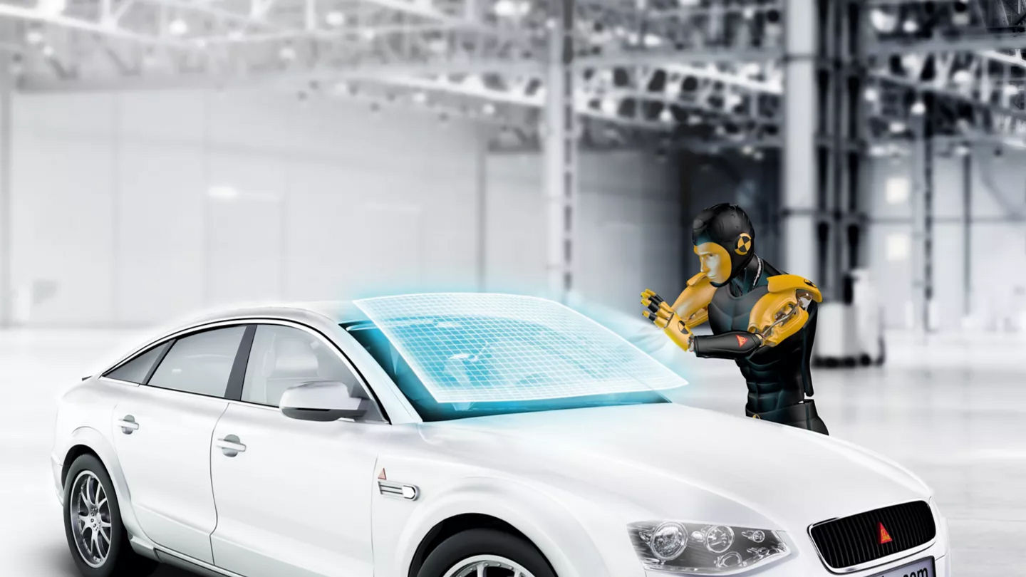 Crash test dummy with futuristic car windshield