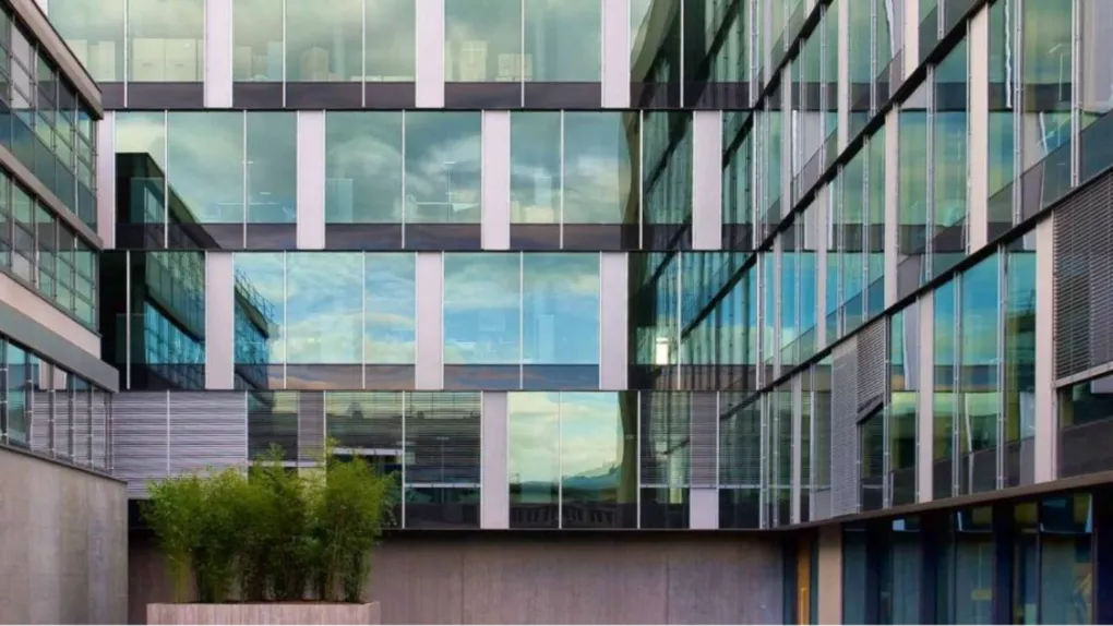 Modern glass building with green plants