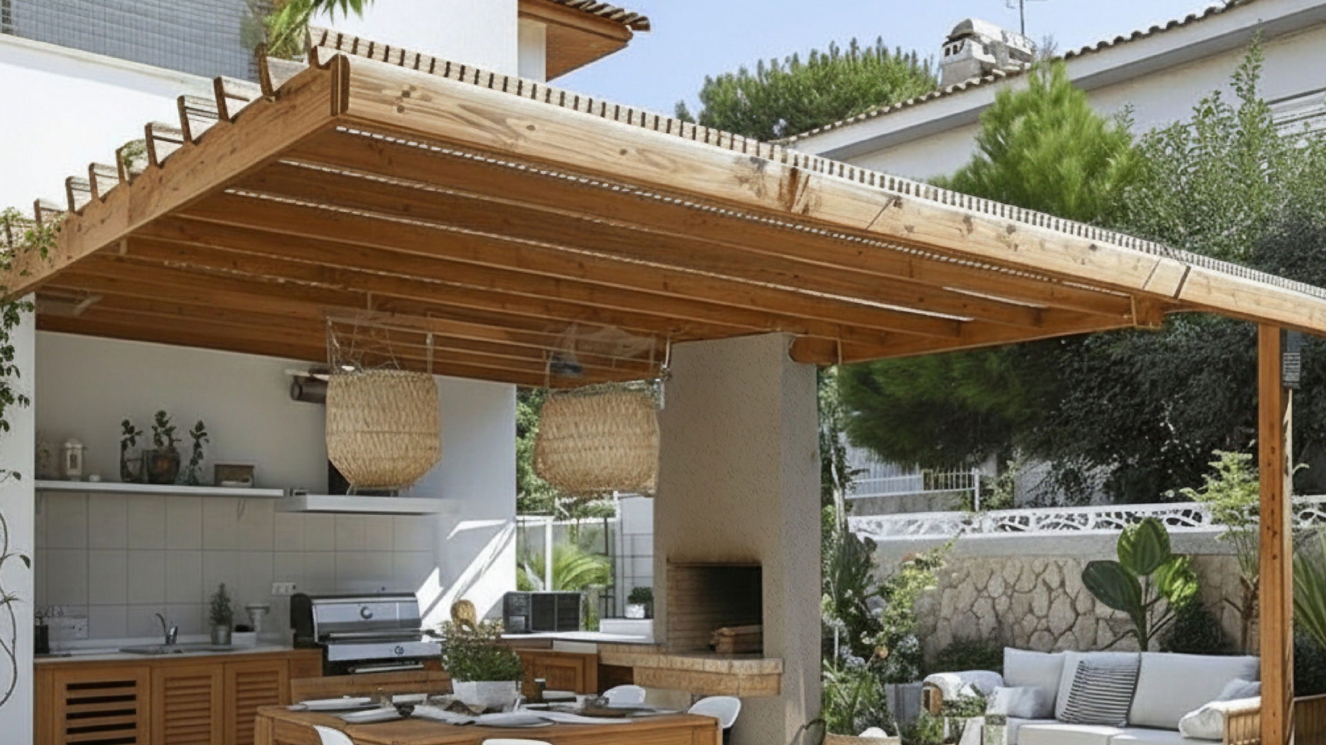 Modern outdoor kitchen and dining area with pergola