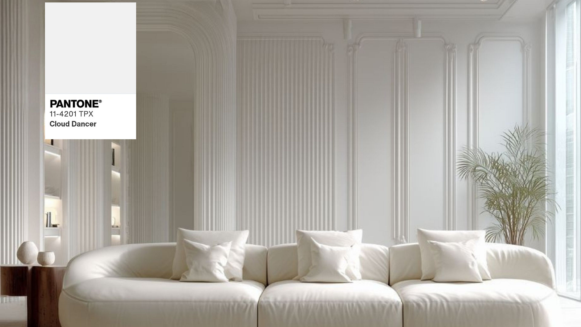 Modern white living room with Pantone Cloud Dancer