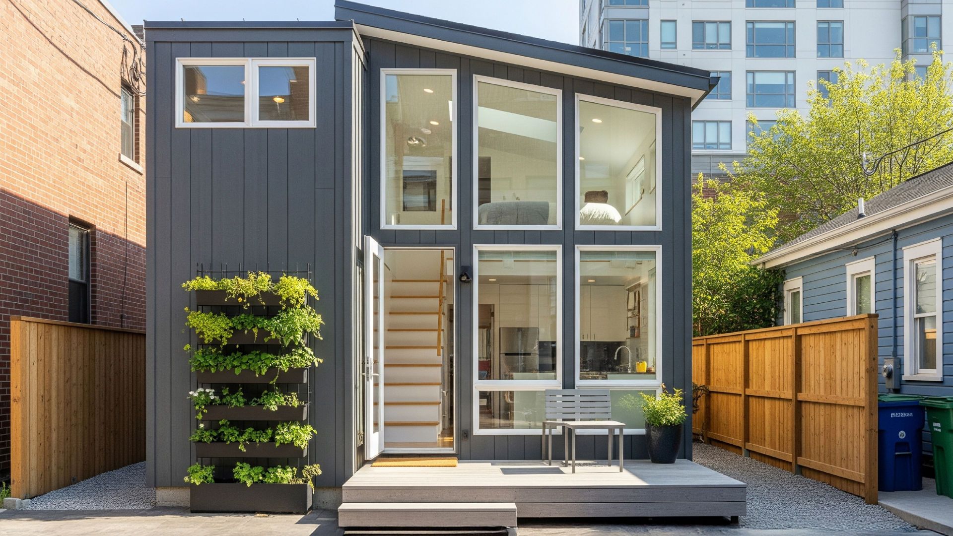 Modern tiny home with large windows