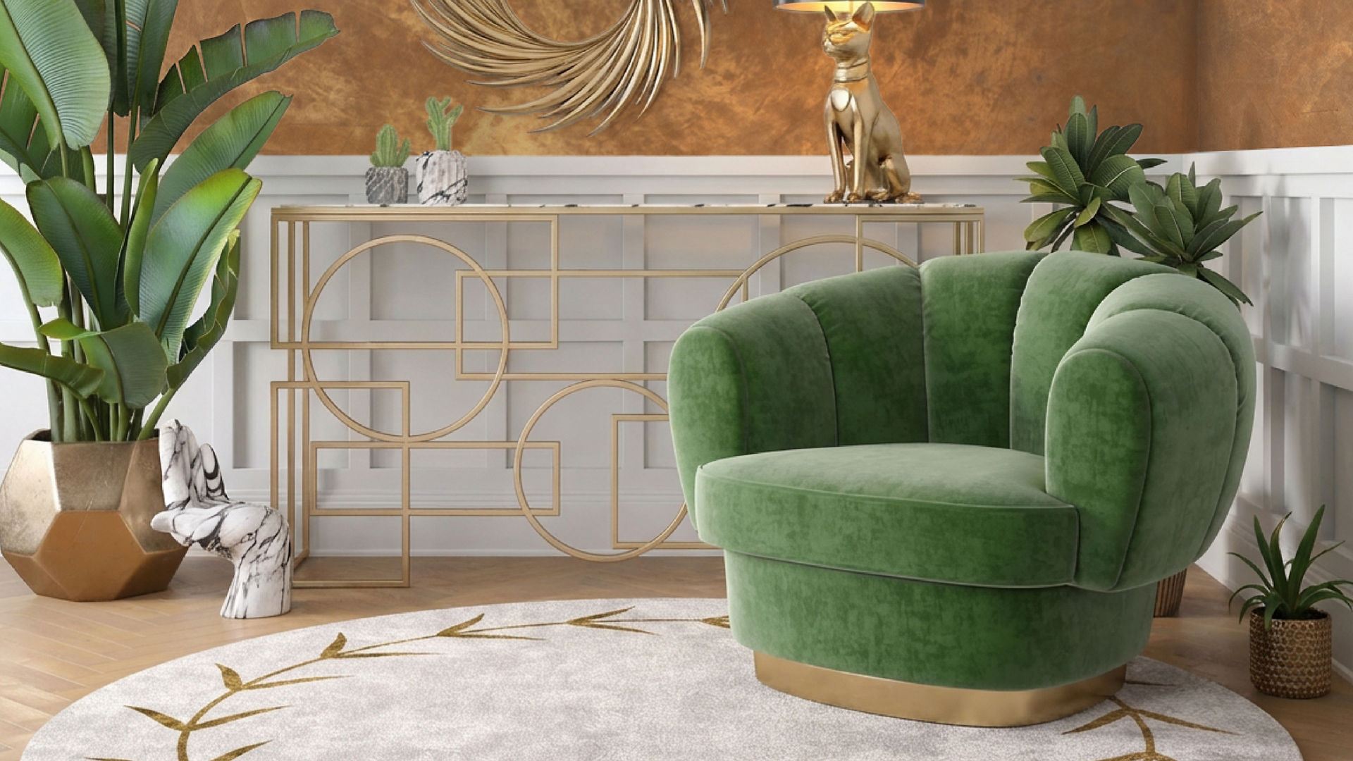 Green velvet armchair in modern art deco living room