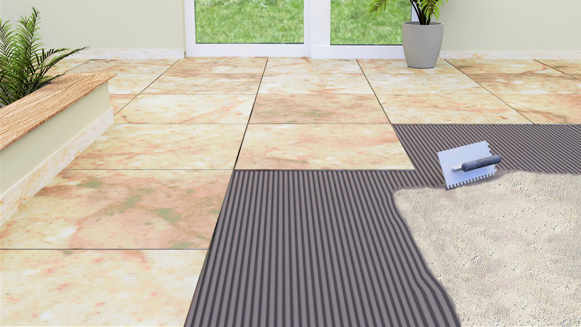 Outdoor tile installation with adhesive tools