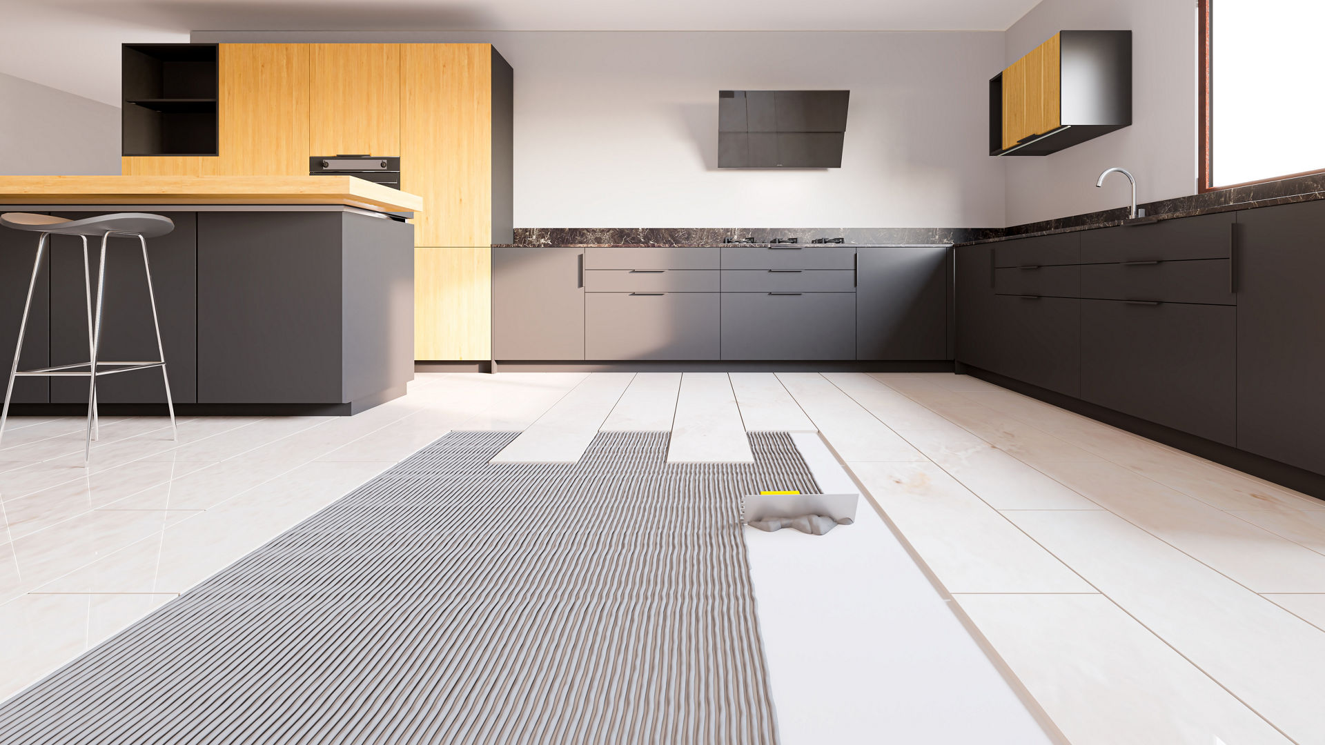 Modern kitchen with wooden cabinets and flooring
