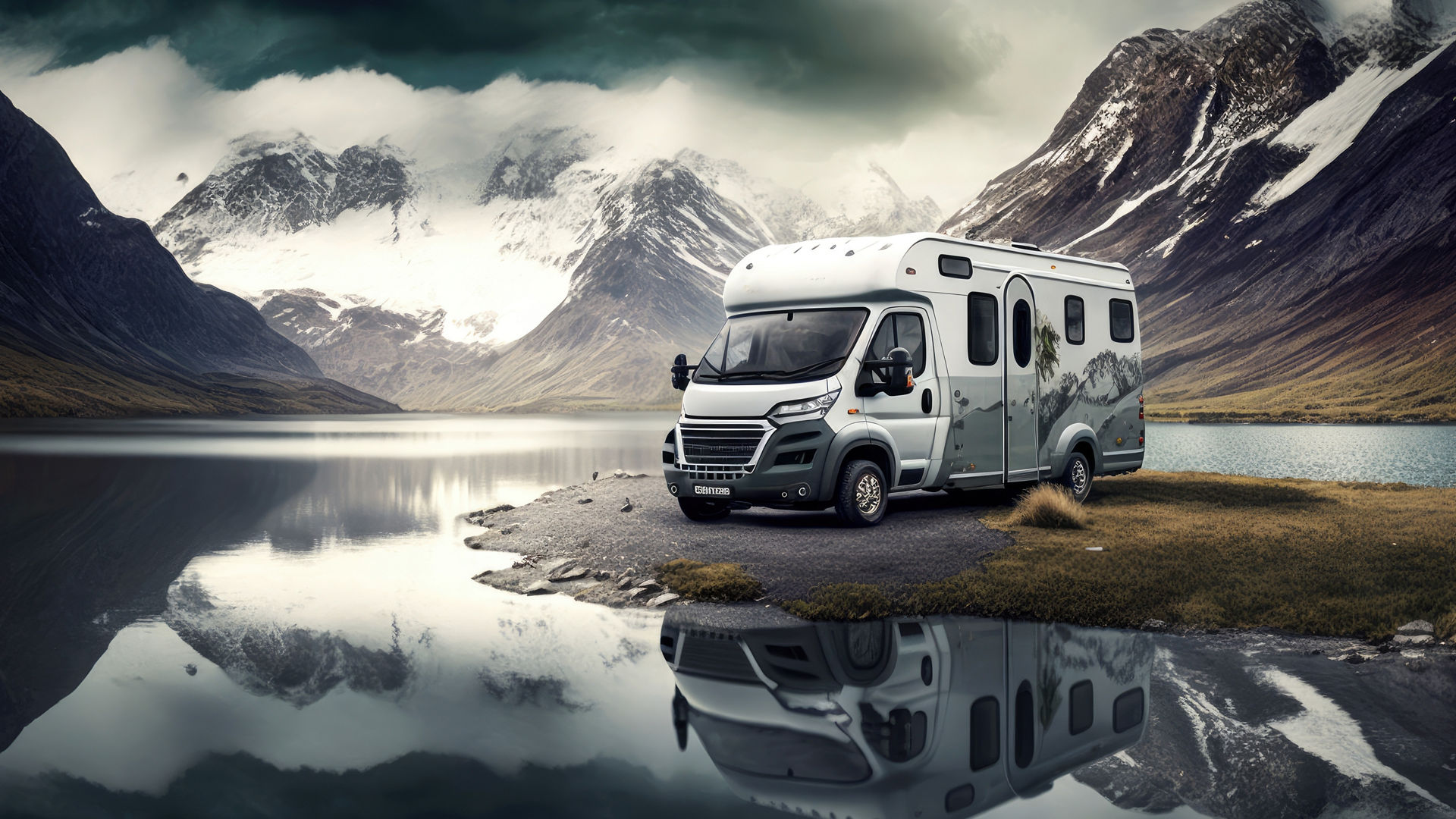 Modern camper van parked by mountain lake scenery