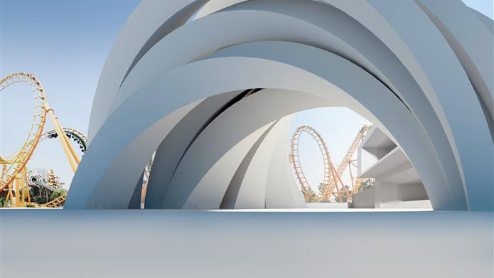 Modern architectural arches near roller coasters