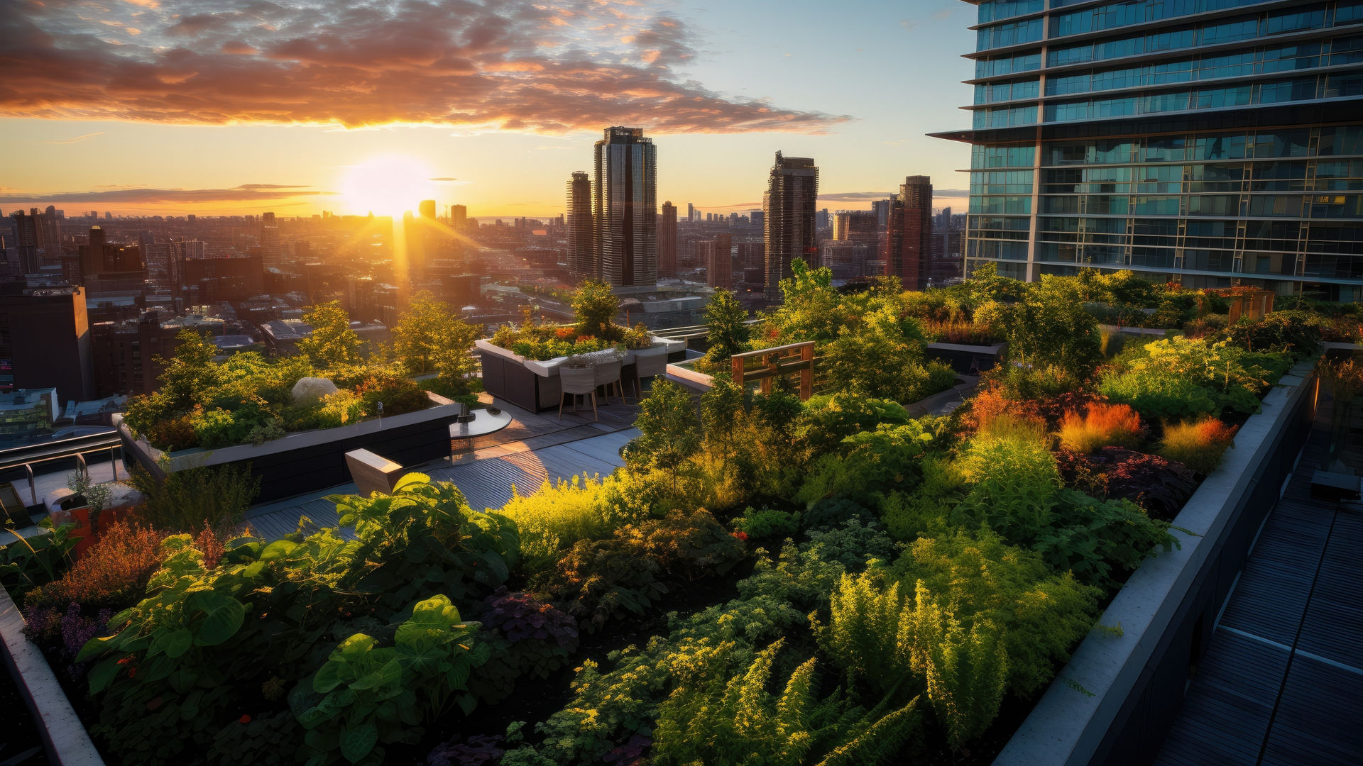 A thriving urban rooftop garden in the heart of the city. Generative AI