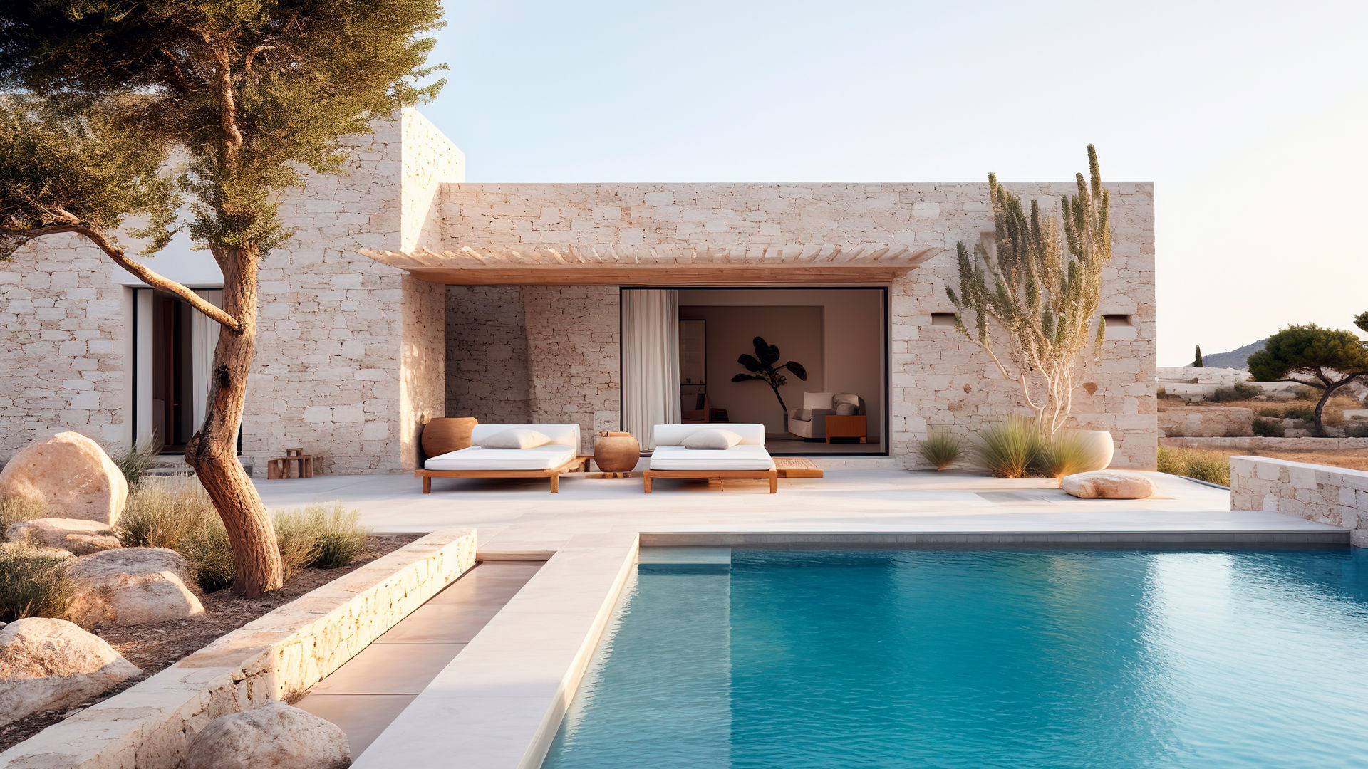 Modern stone villa with pool in desert landscape