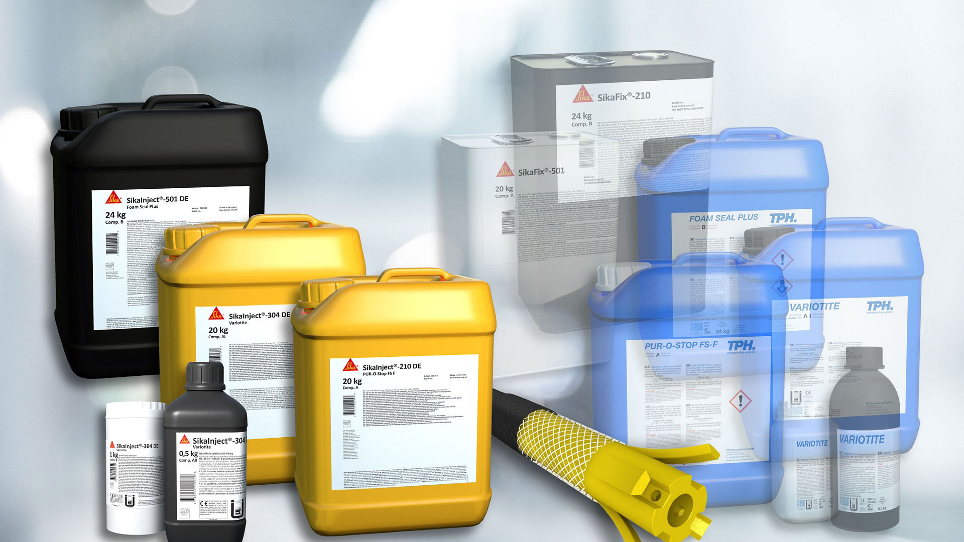 Industrial chemical containers in various sizes