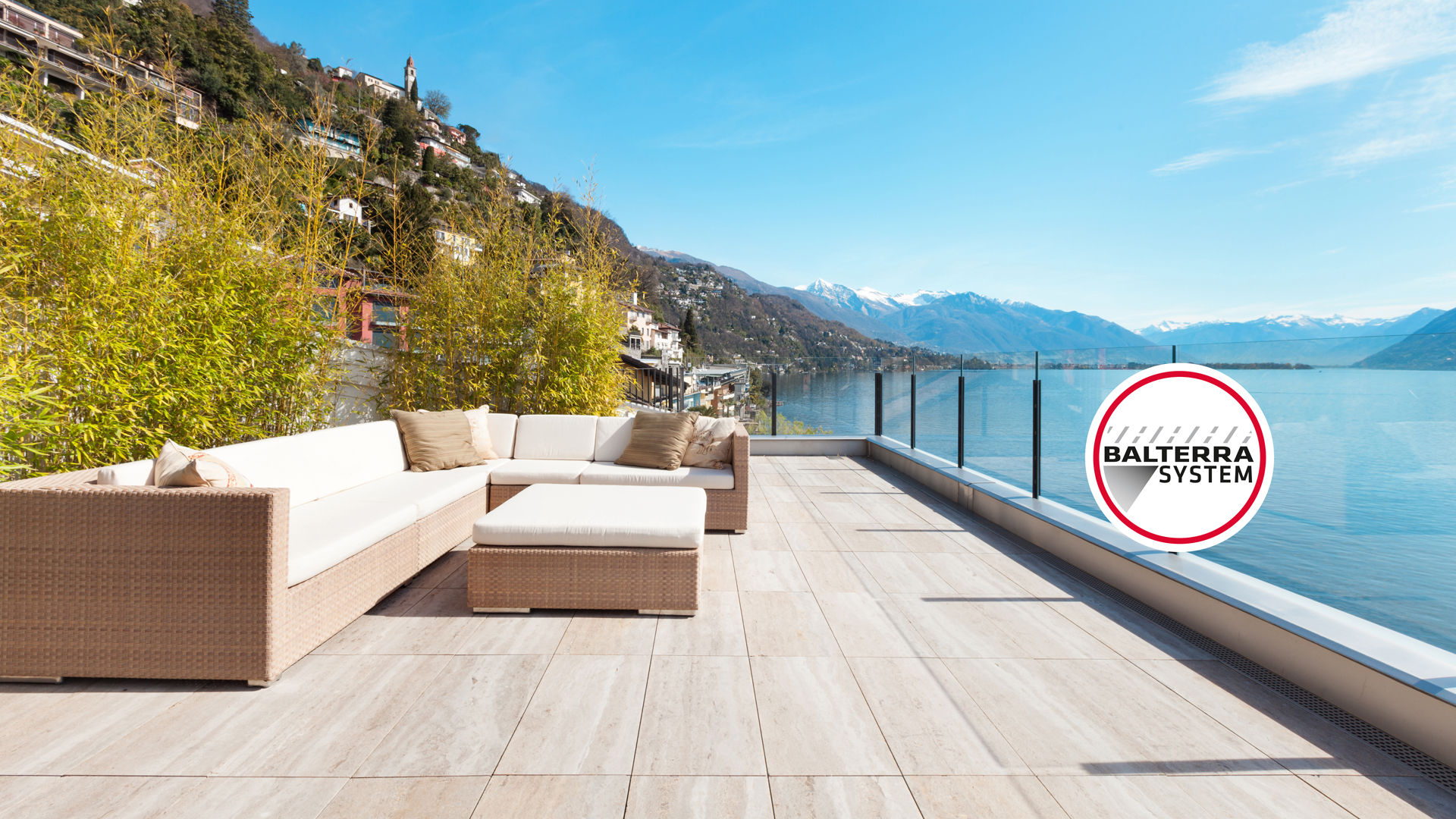 Modern Lakefront Terrace with Balterra System Logo