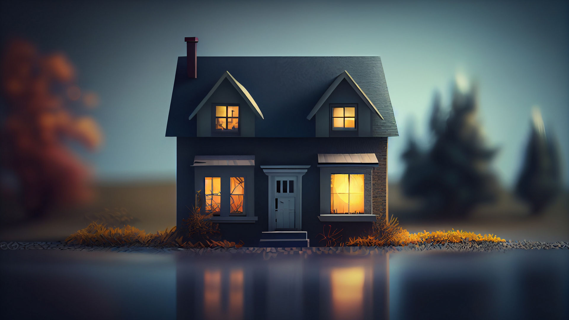 Cozy house with glowing windows at dusk