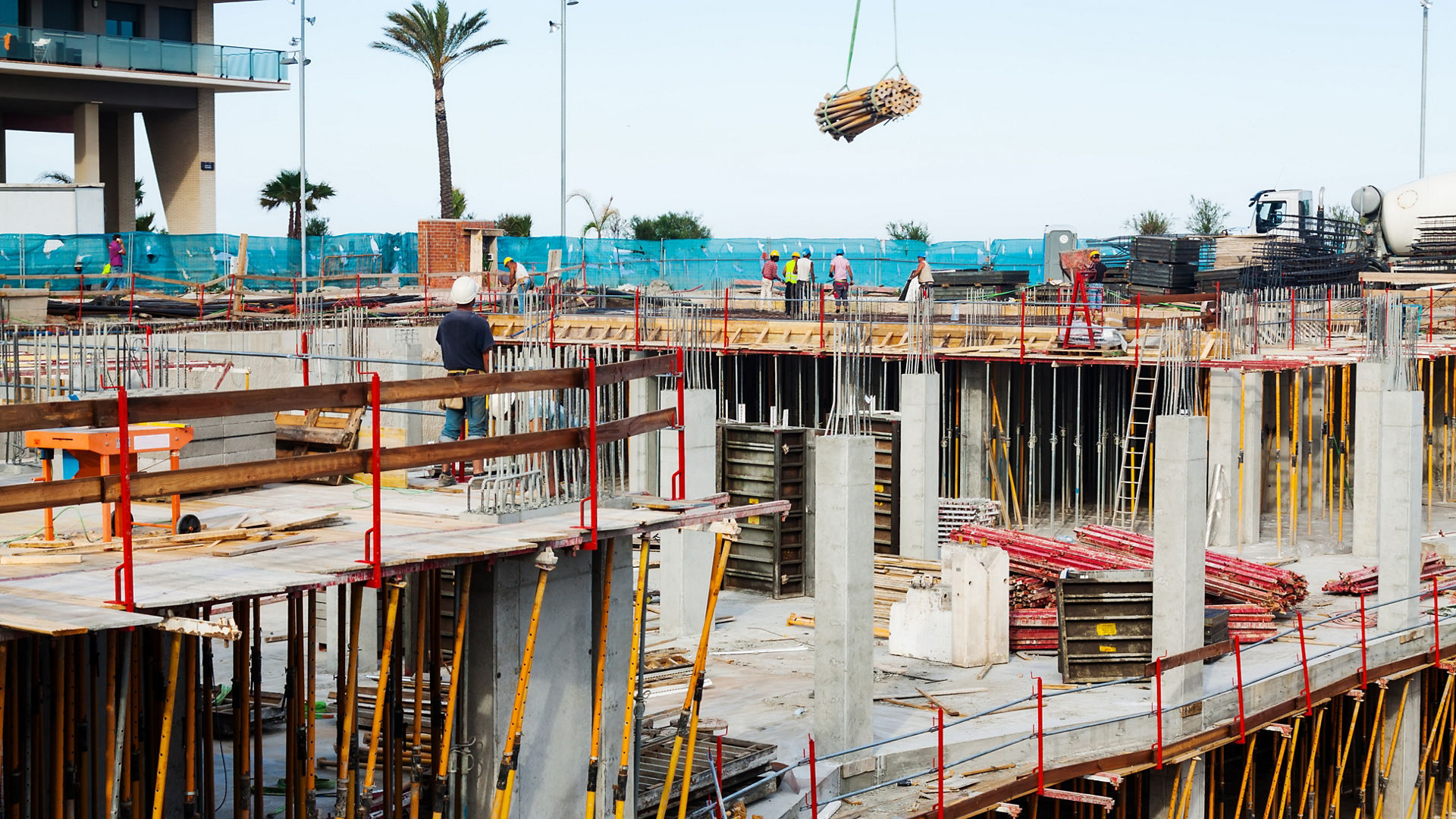 Urban construction site with workers