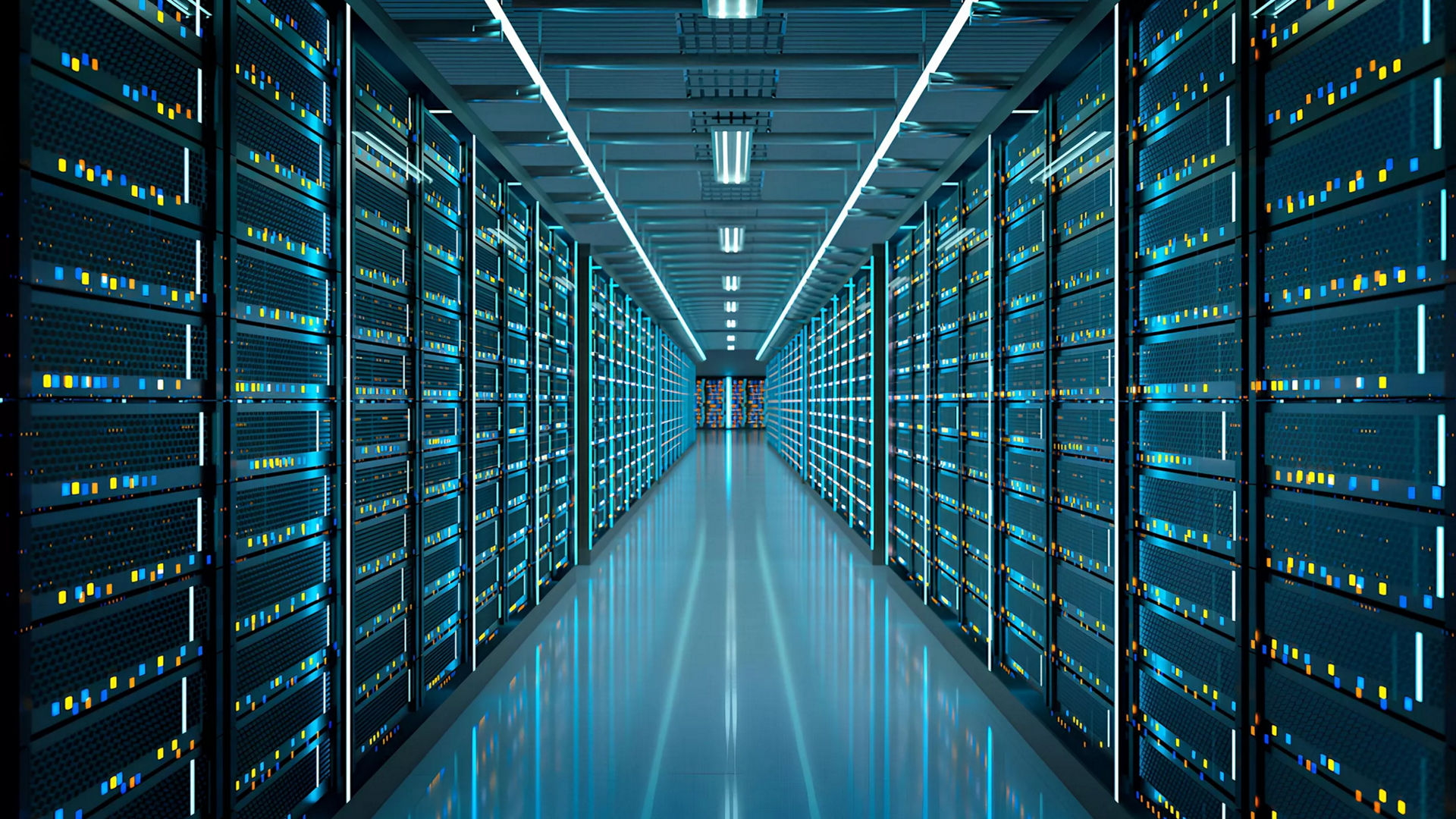 Modern data center server racks with blue lighting