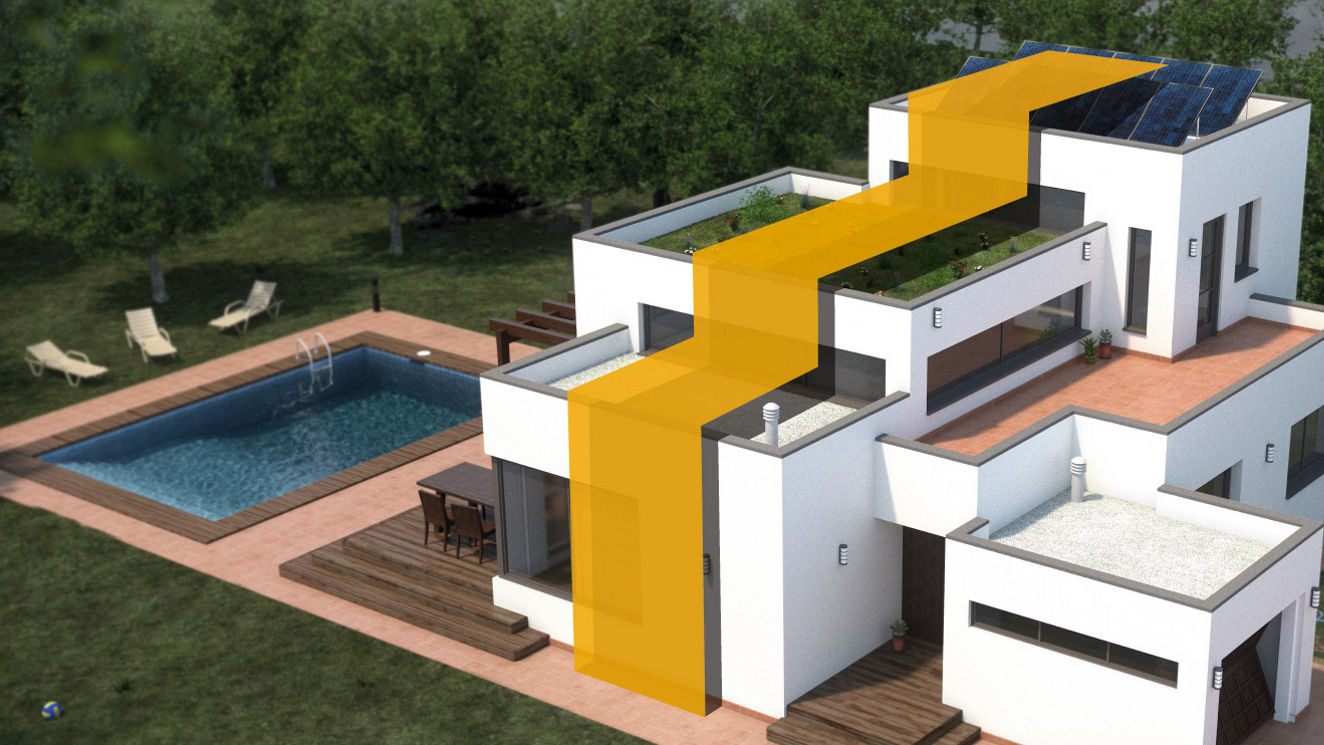 Modern white villa with pool and solar panels