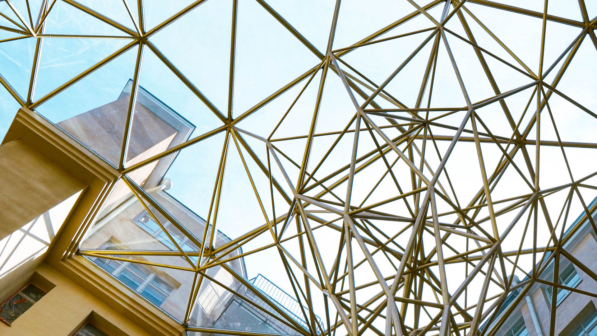 Modern atrium with geometric metal framework