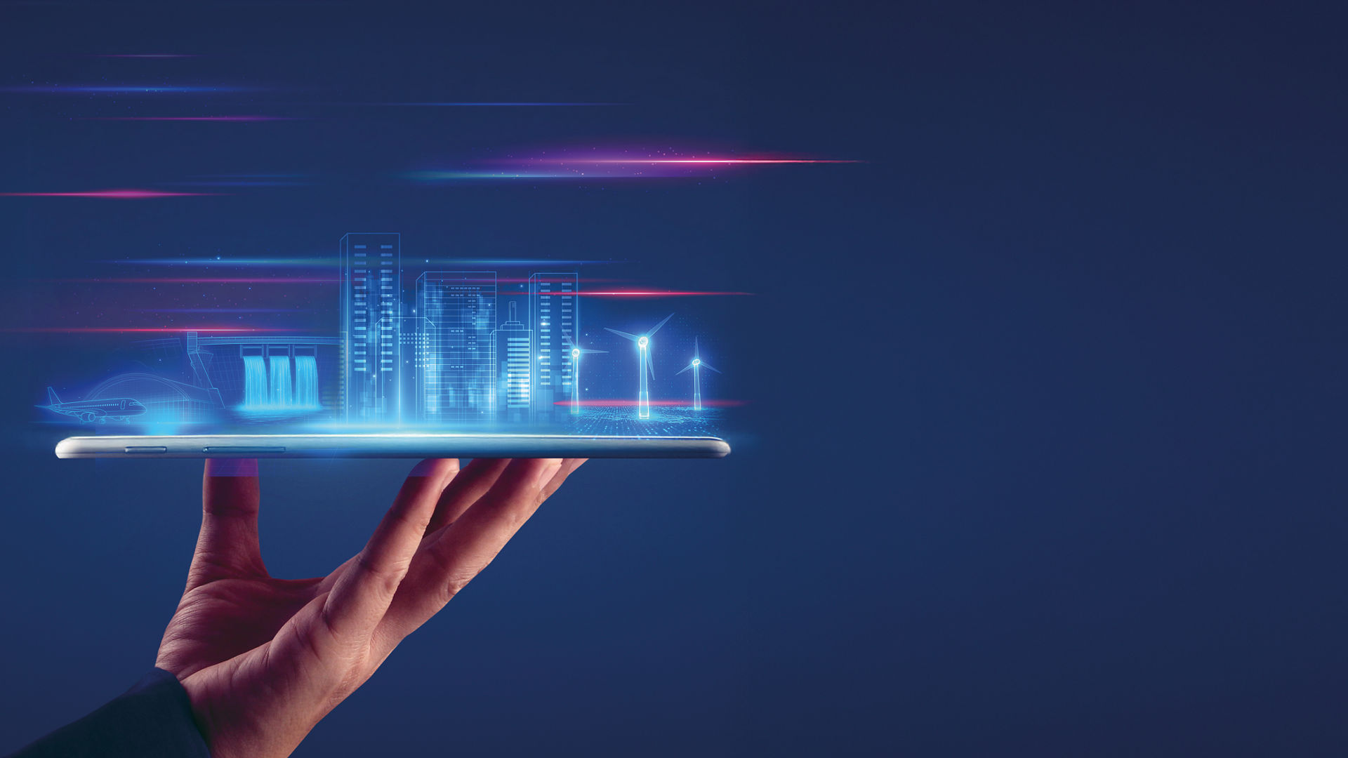 Futuristic Smart City Hologram Displayed on Tablet