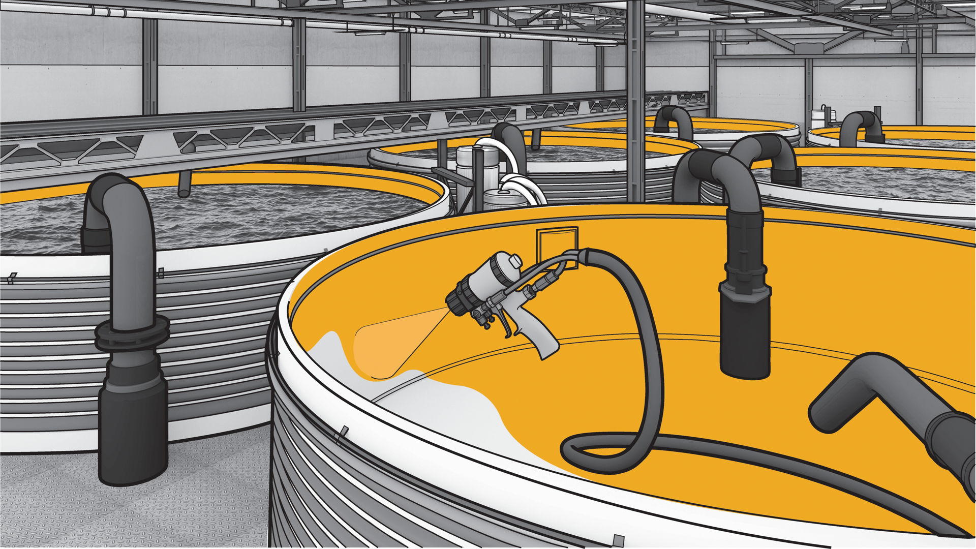 Polyurea being spray-applied to industrial aquaculture tanks with piping system
