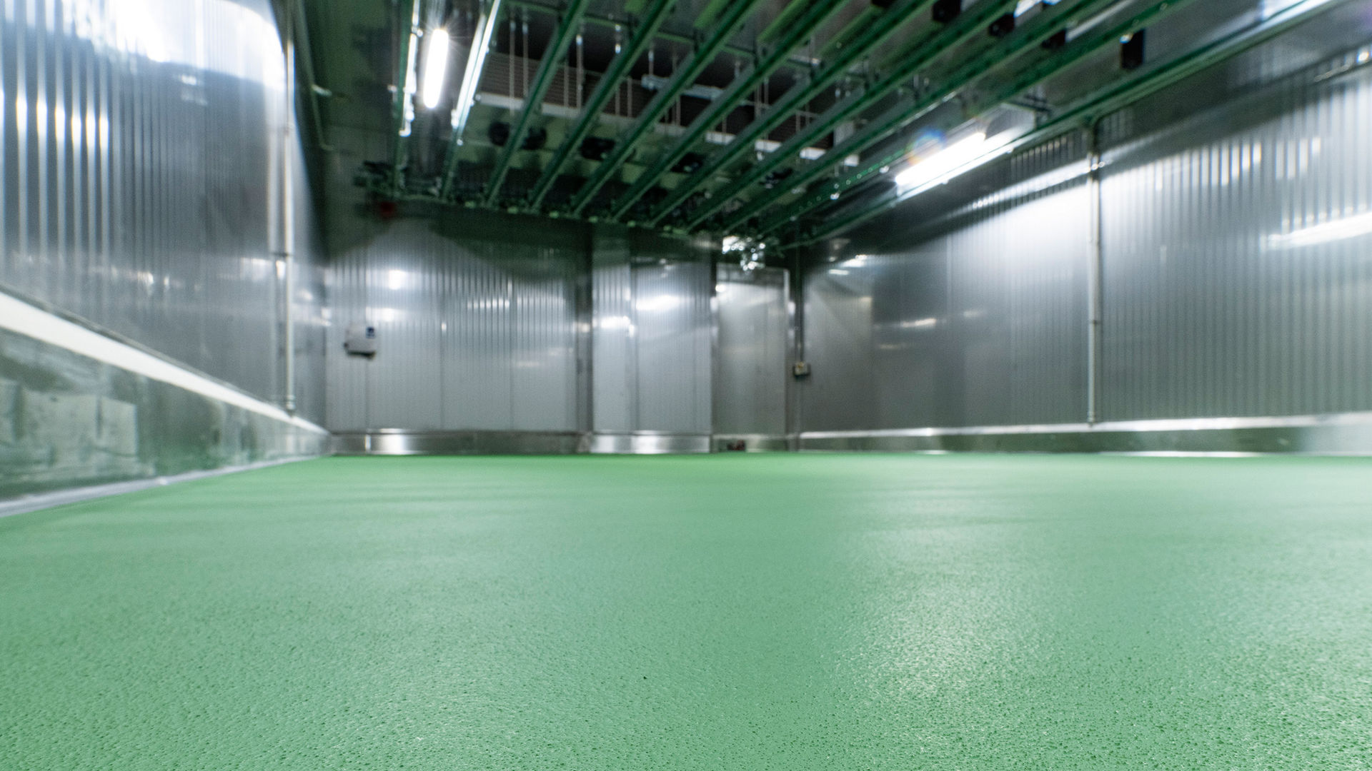 Green floor of meat processing facility.