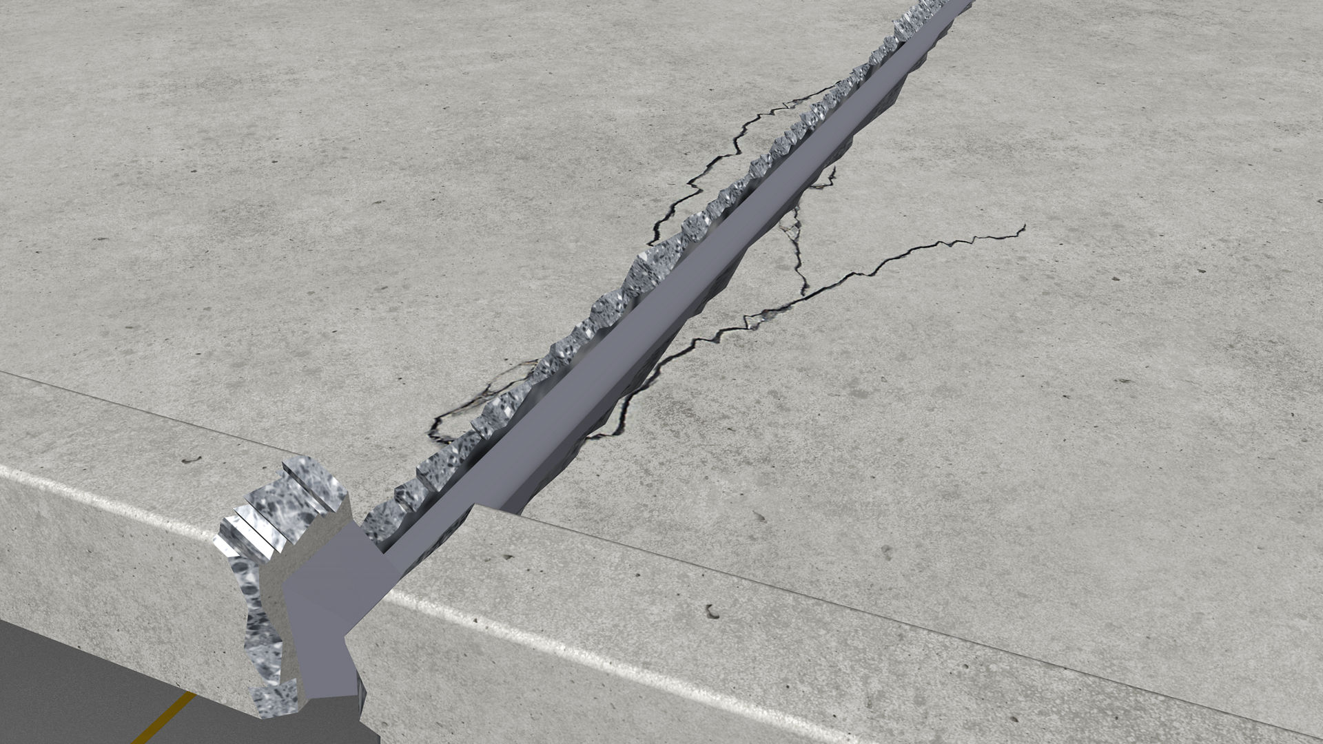 Cracked concrete and damaged joint between two concrete slabs