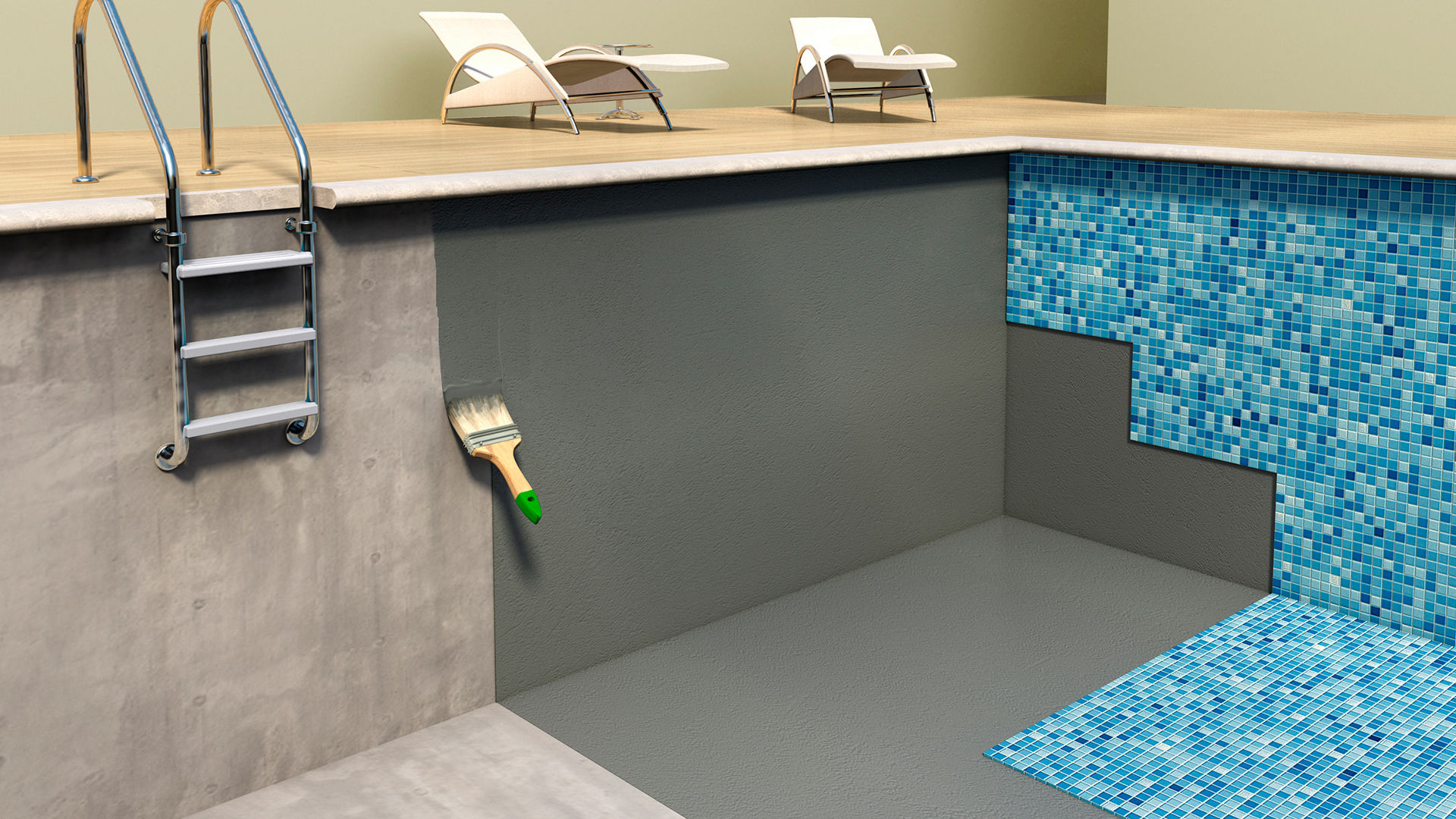 Concrete pool with grey paint and plates